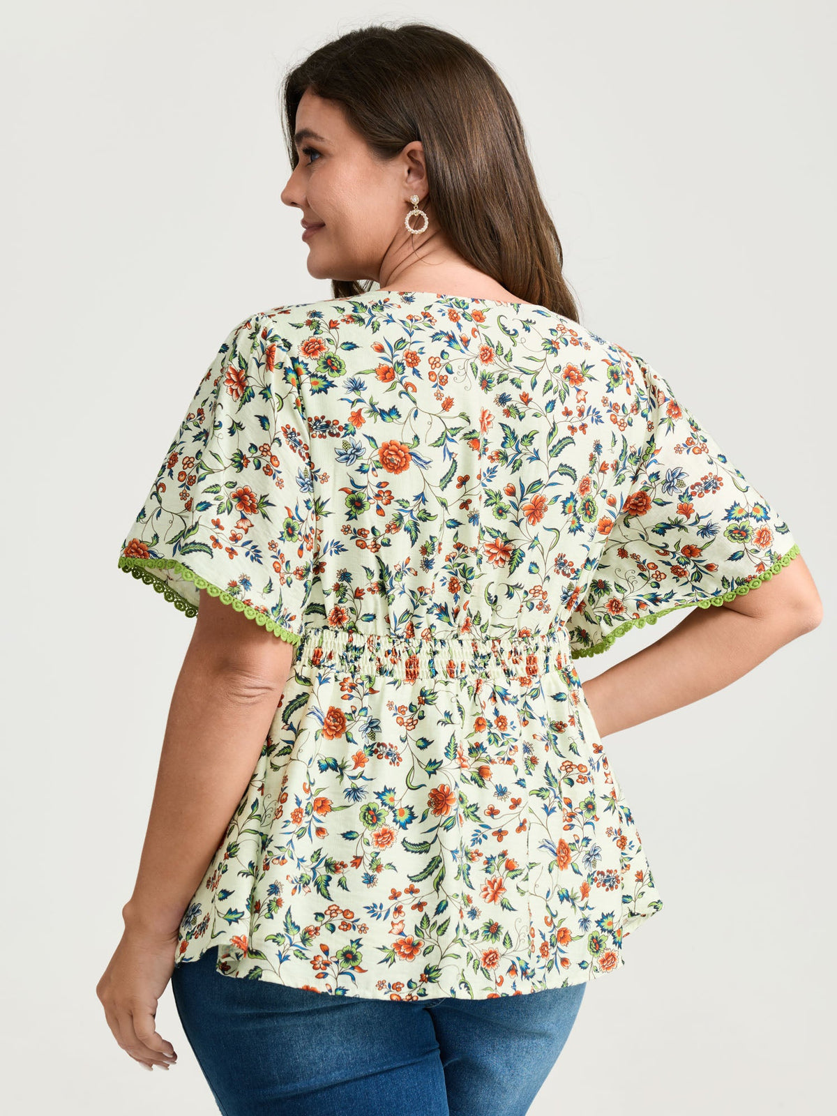 Dense Floral Print Bustier Shirred Waist Blouse
