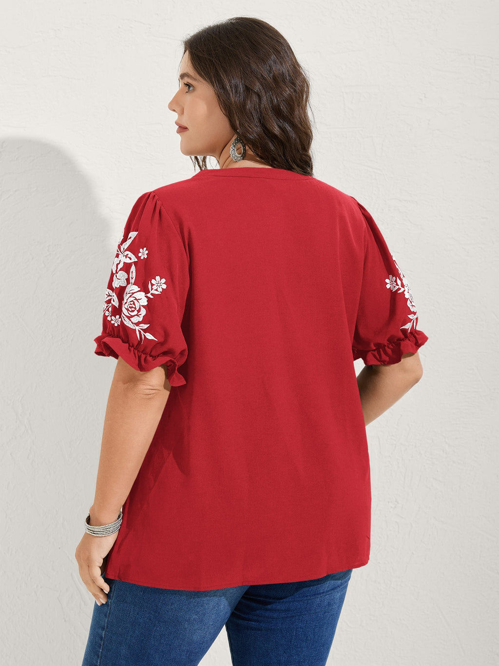 Notched Collar Embroidered Ruffled Blouse