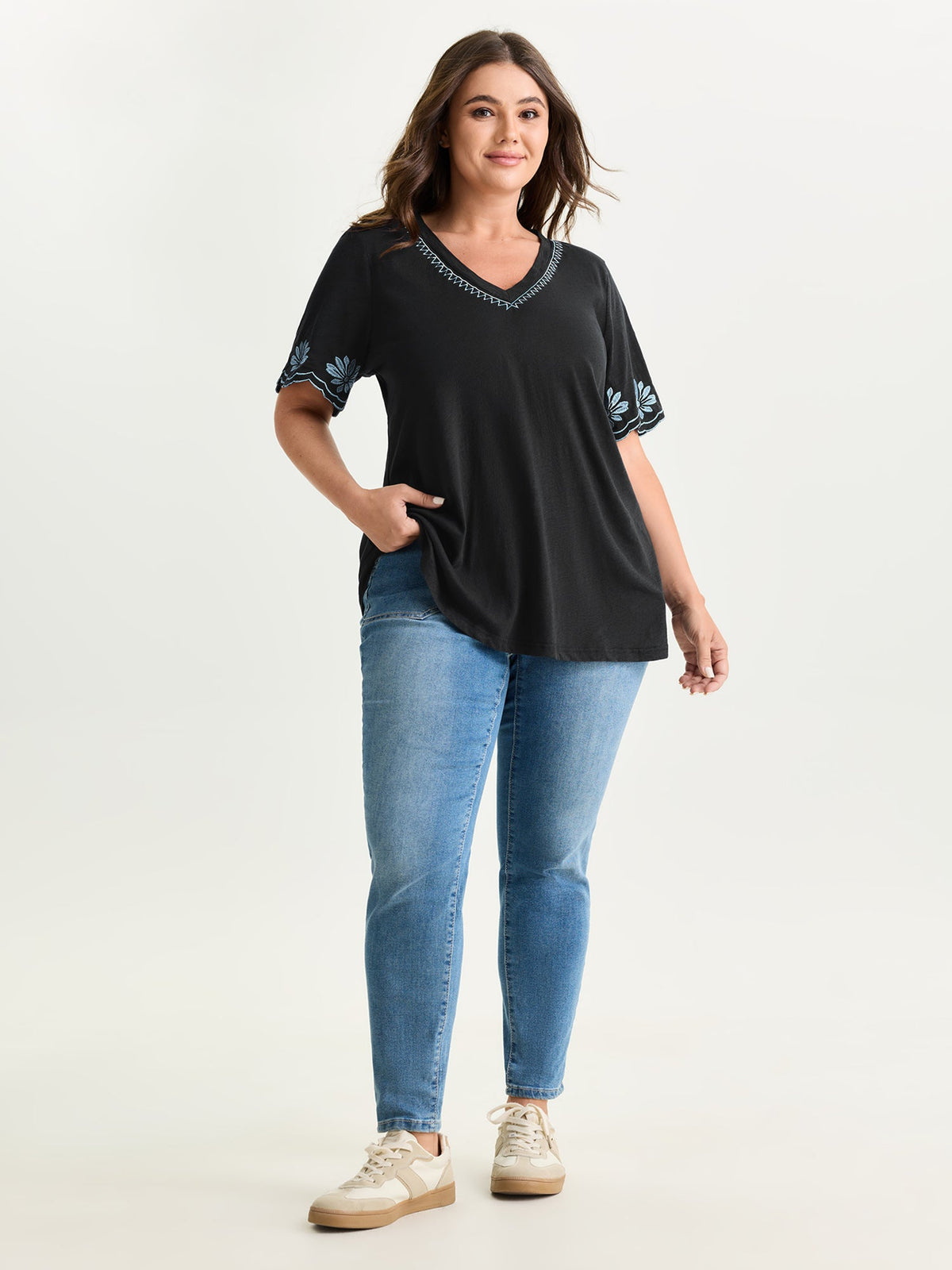 Cotton Stretchy V-Neck Floral Print T-Shirt