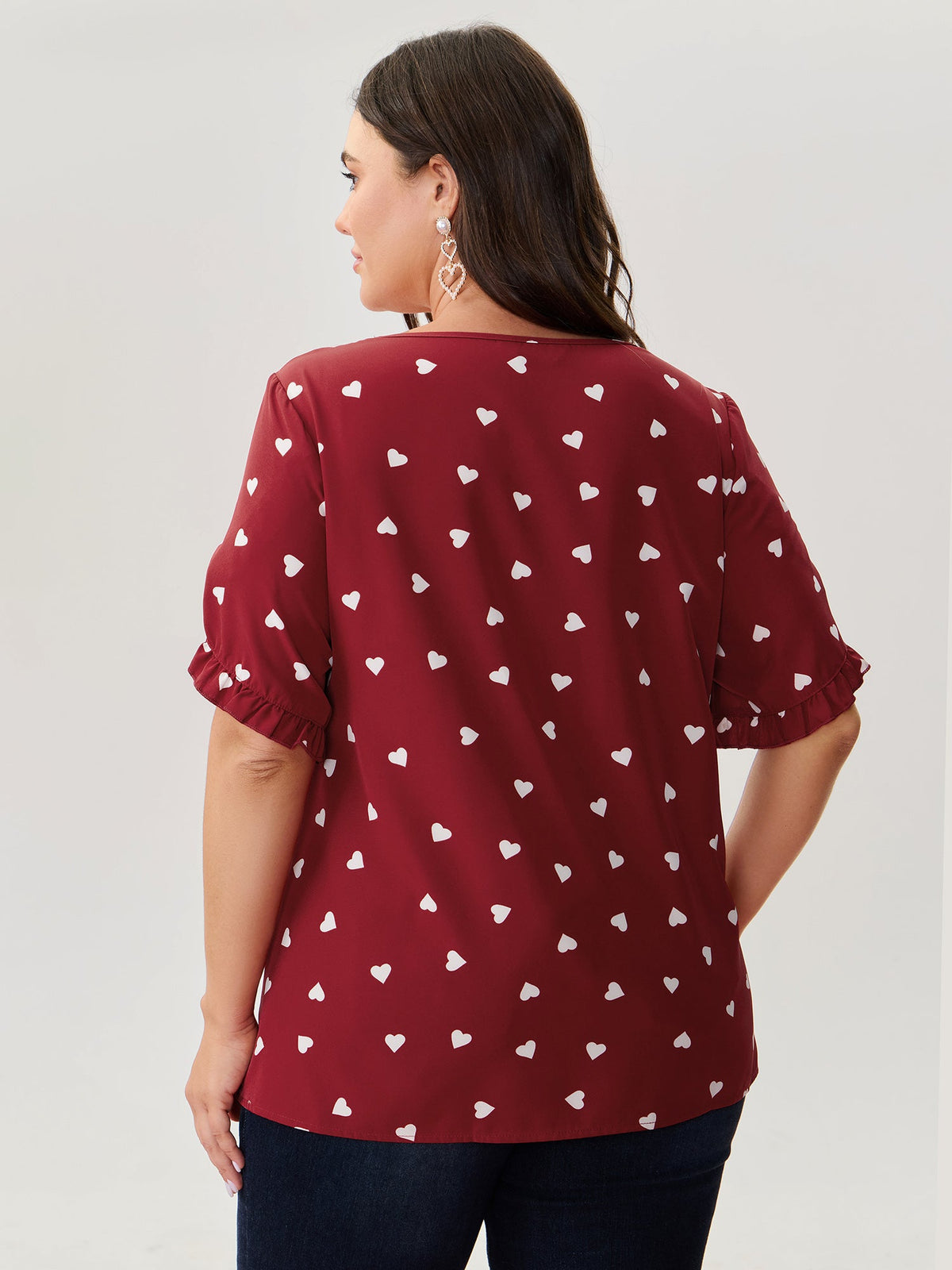 Ruffled Overlap Sleeve Heart Pattern Blouse
