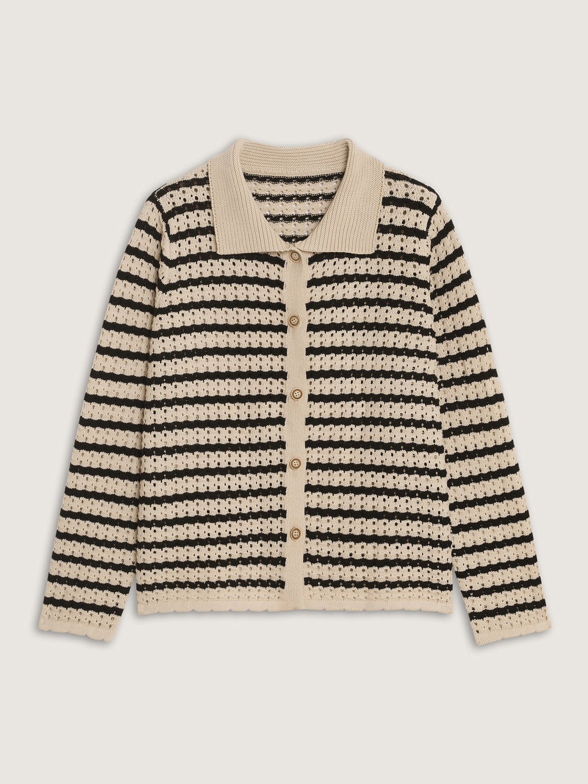 Striped Hollow Collared Button Front Cardigan
