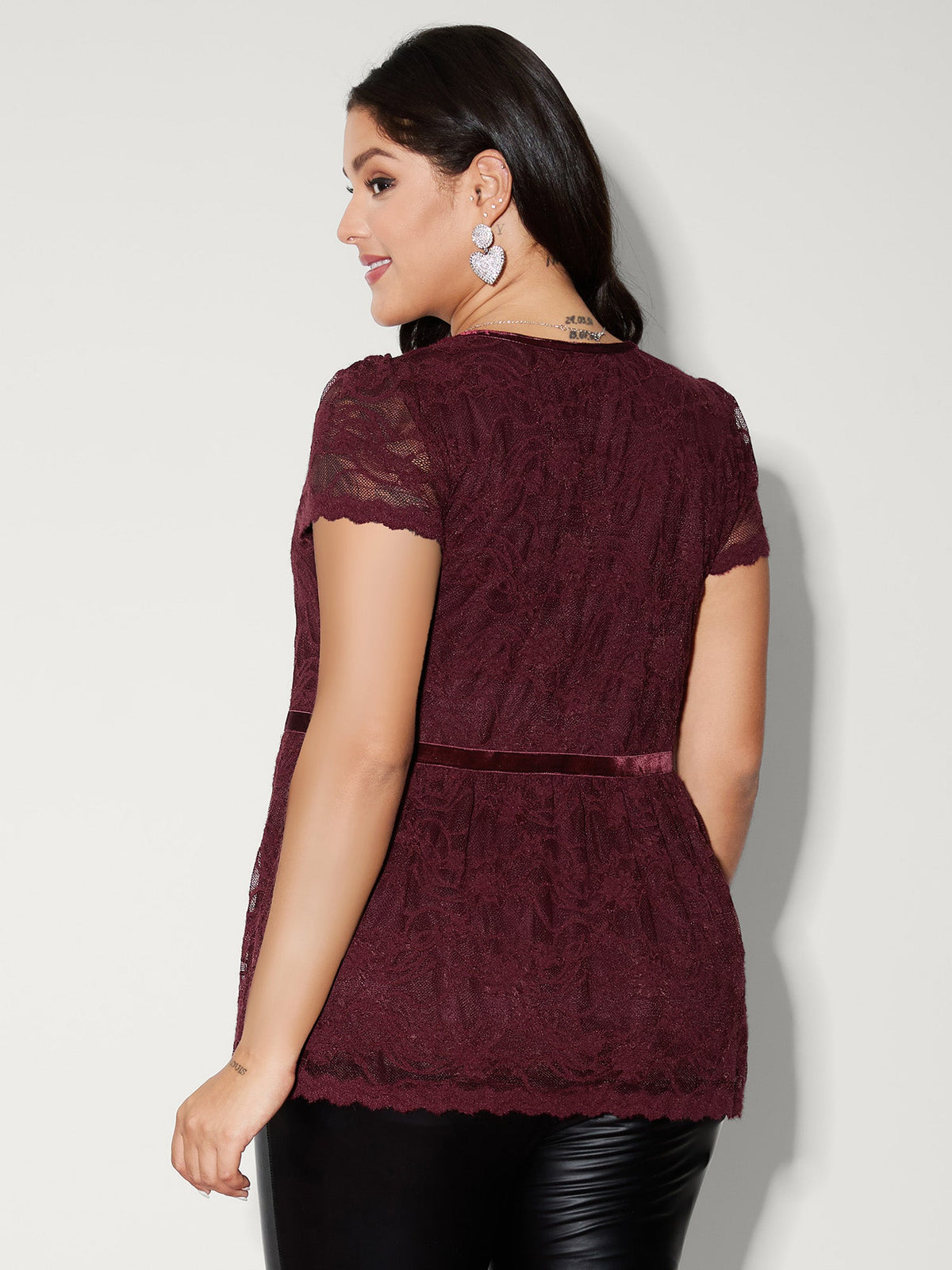 Textured Neck-Tie Cinched-Flared Blouse