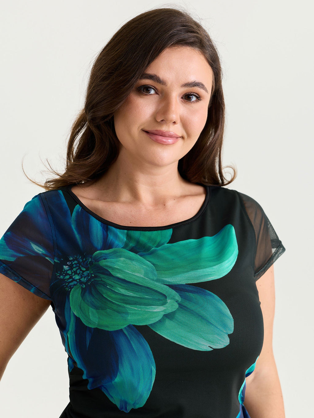 Floral Print Boat Neckline Fitted T-Shirt