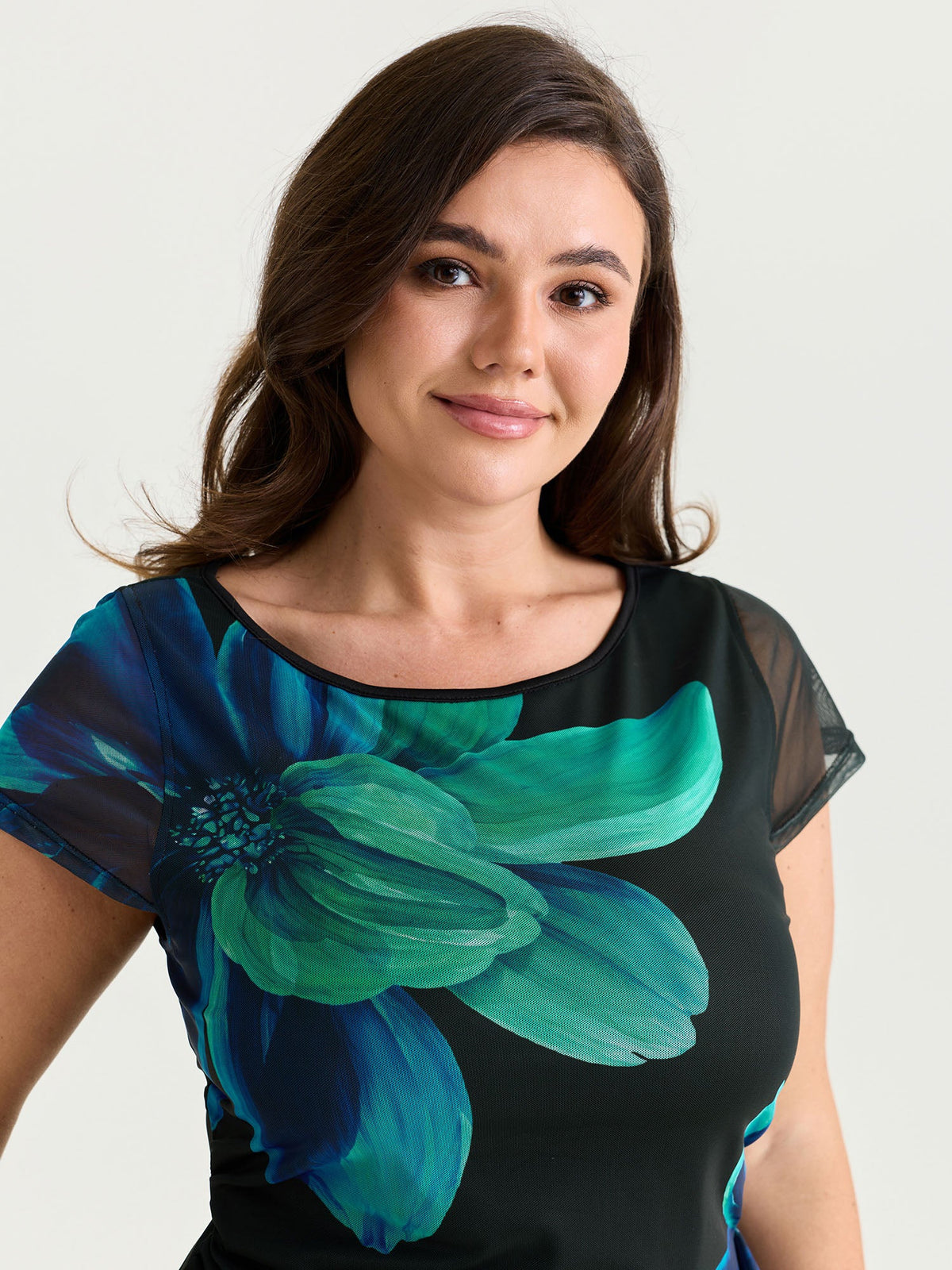 Floral Print Boat Neckline Fitted T-Shirt