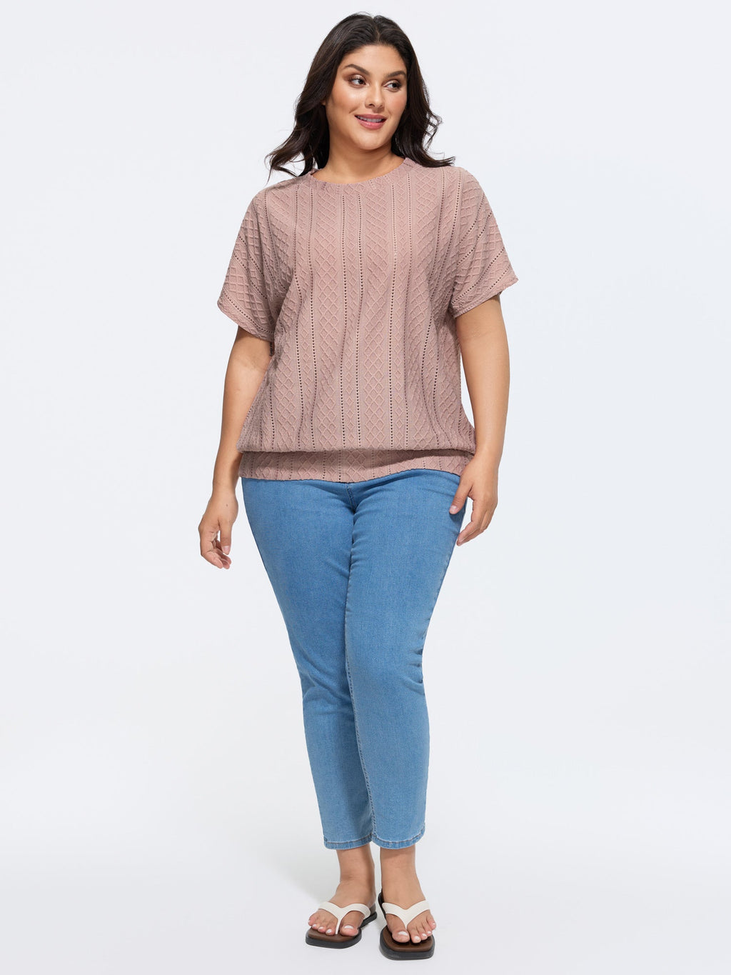 Eyelet Trim Stretchy Textured Plain Top