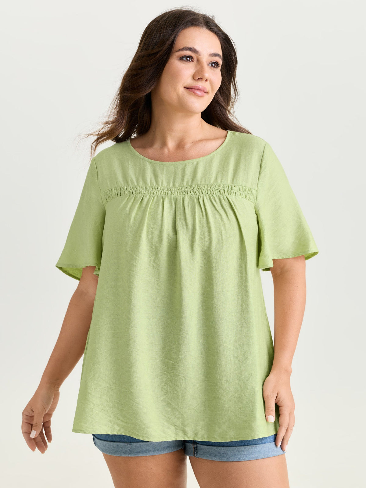 Ruffle Sleeve Gathered Round Neck Blouse