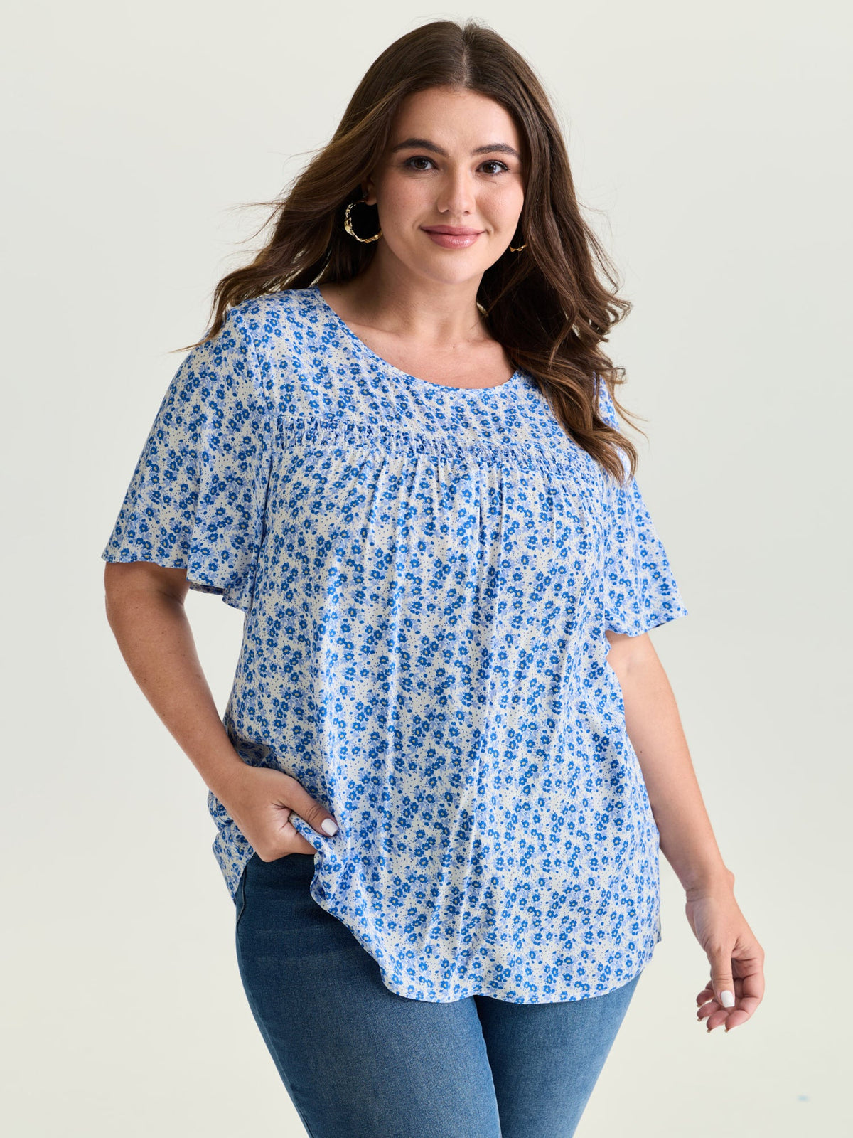 Floral Ruffle Sleeve Gathered Round Neck Blouse