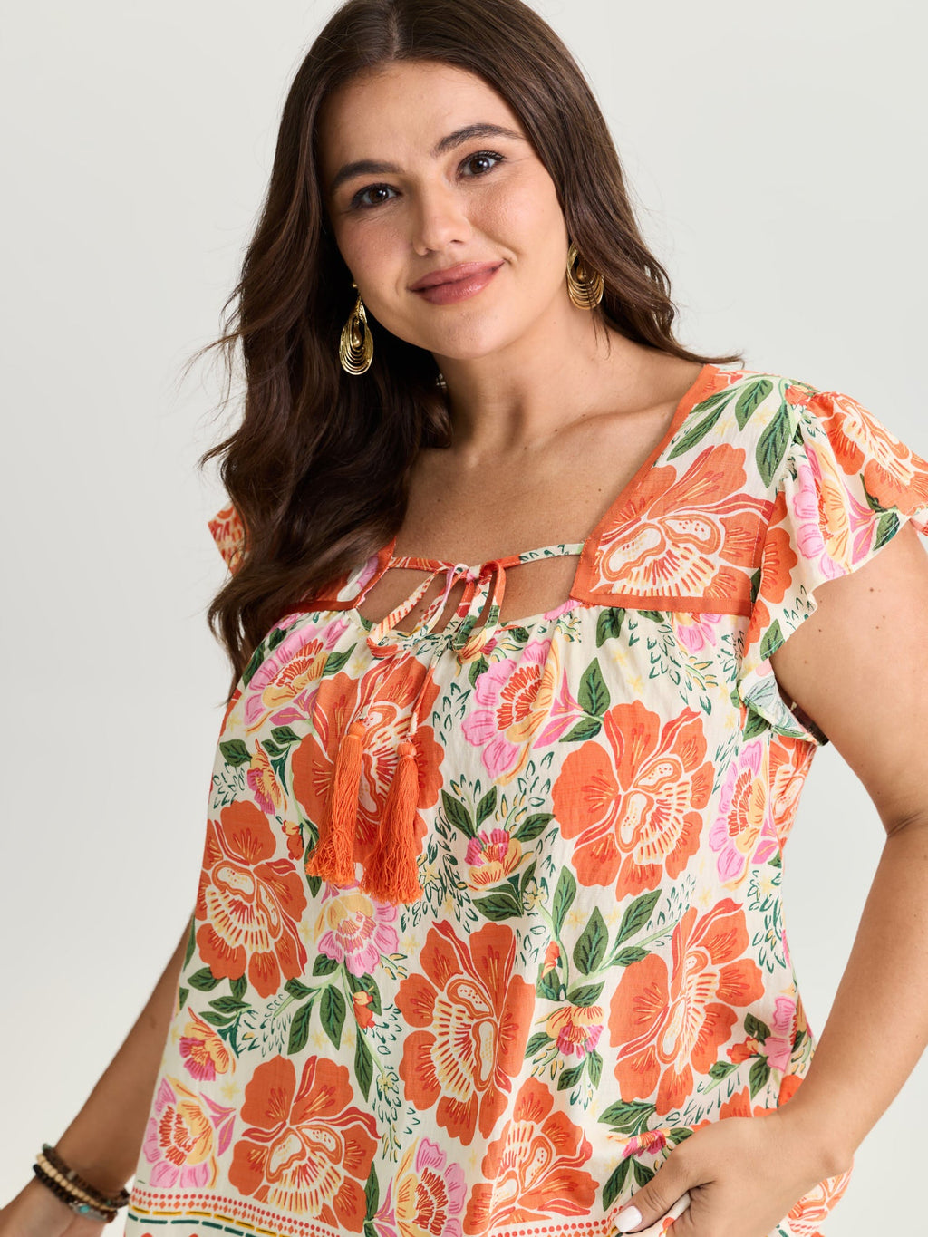 Vibrant Floral Print Flutter Sleeve Blouse
