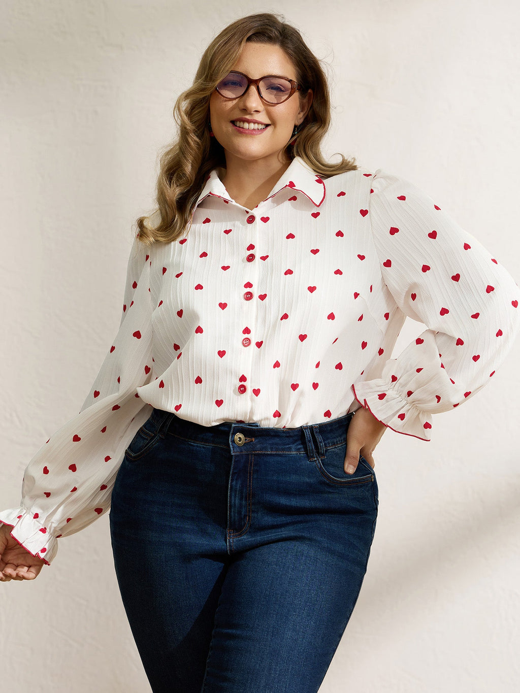 Textured Heart Embroidered Collar Blouse