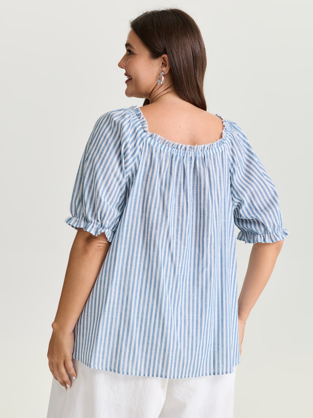 Cotton Striped Shirred Bust-Friendly Neckline Blouse