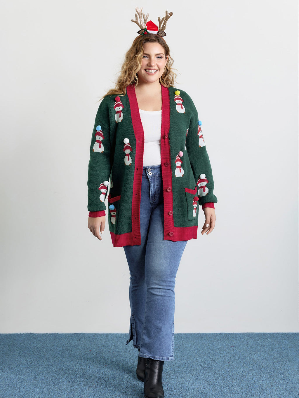 3D Snowman Jacquard Placket Knit Cardigan
