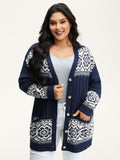 Cable Knit Floral Jacquard Pockets Knit Cardigan