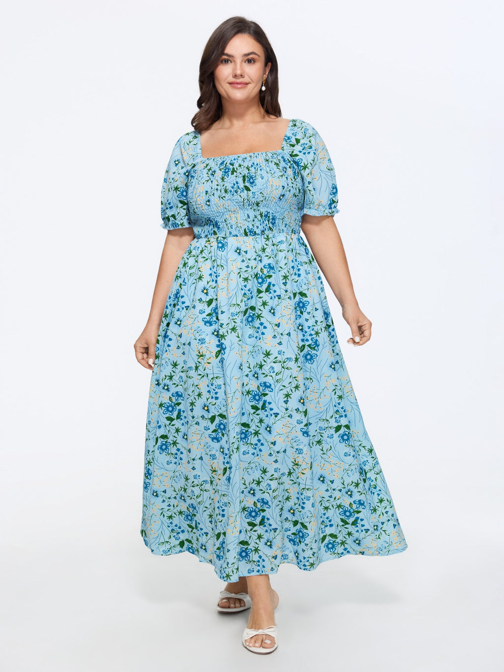 Shirred Floral Print Pockets Maxi Dress