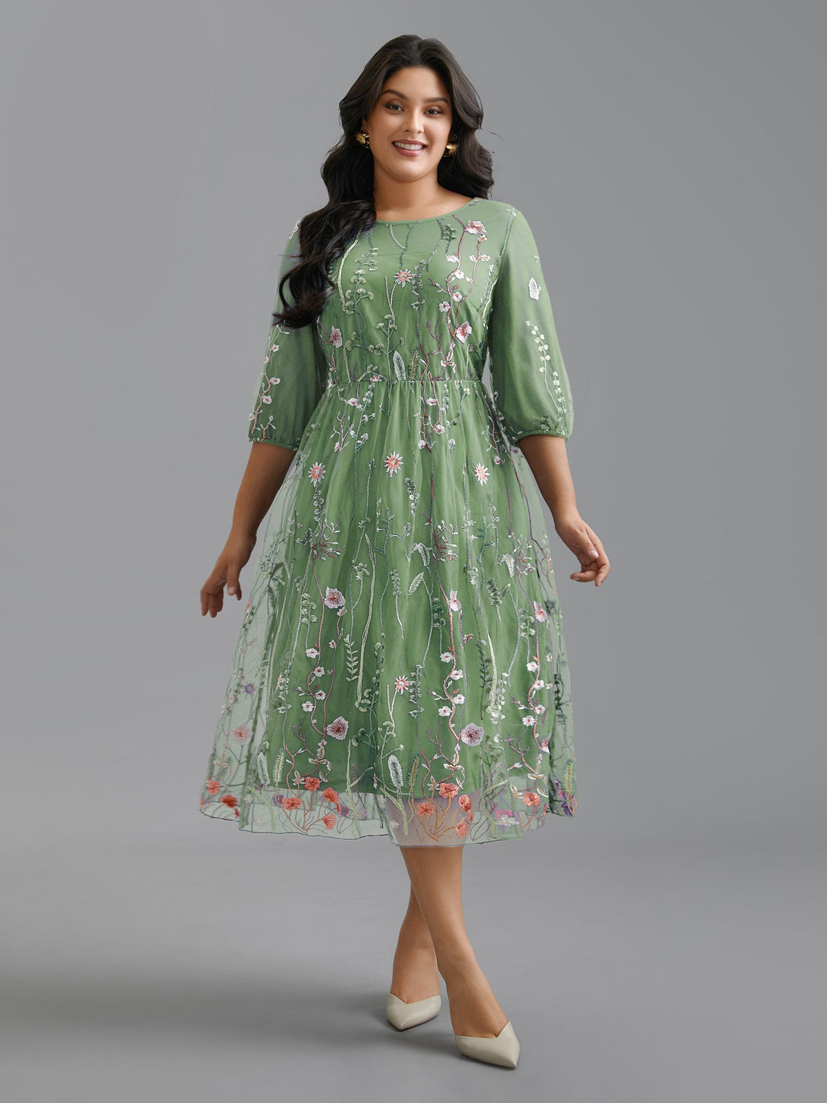 Floral Embroidered Elastic Waist Lined Midi Dress