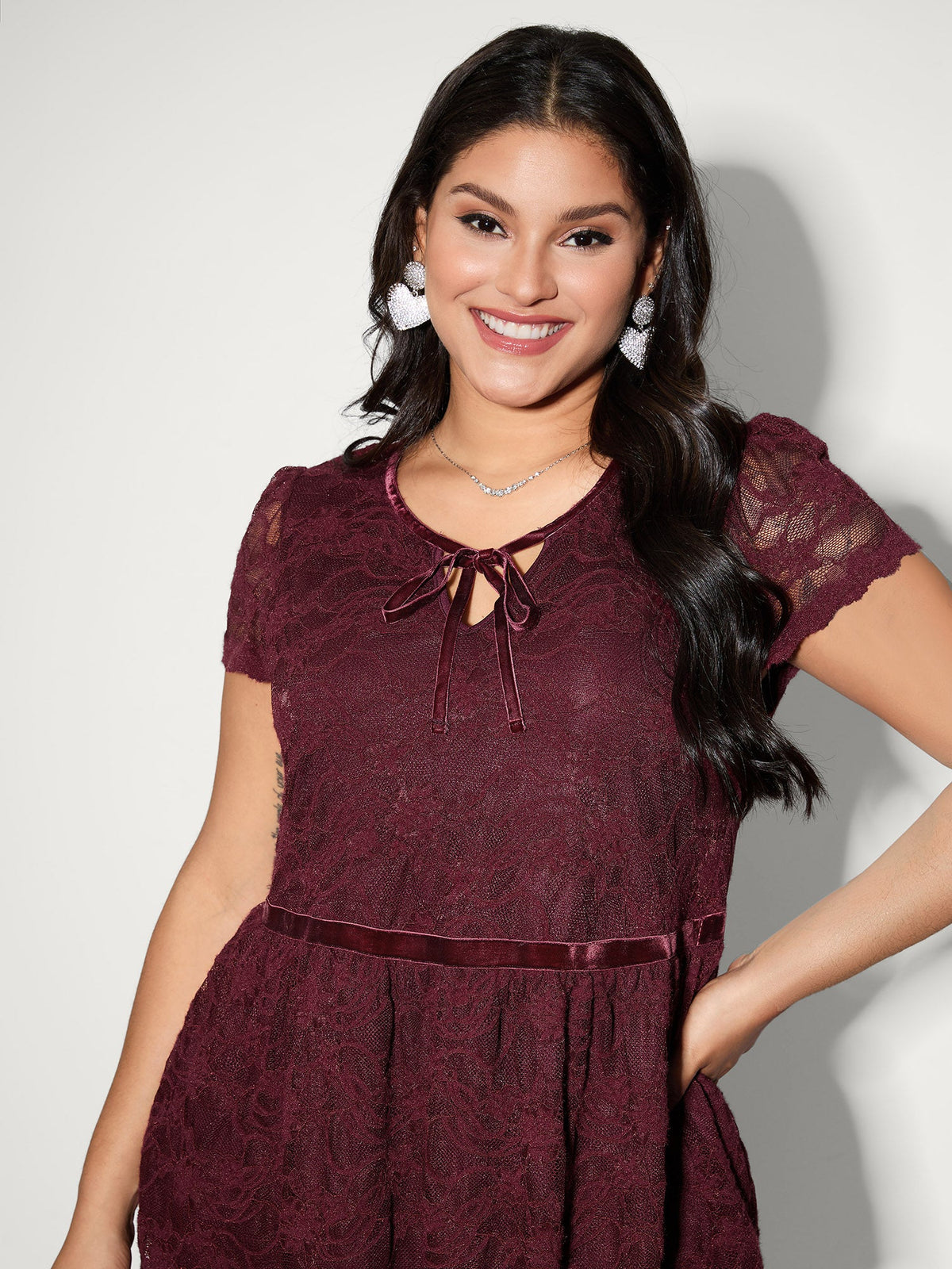 Textured Neck-Tie Cinched-Flared Blouse