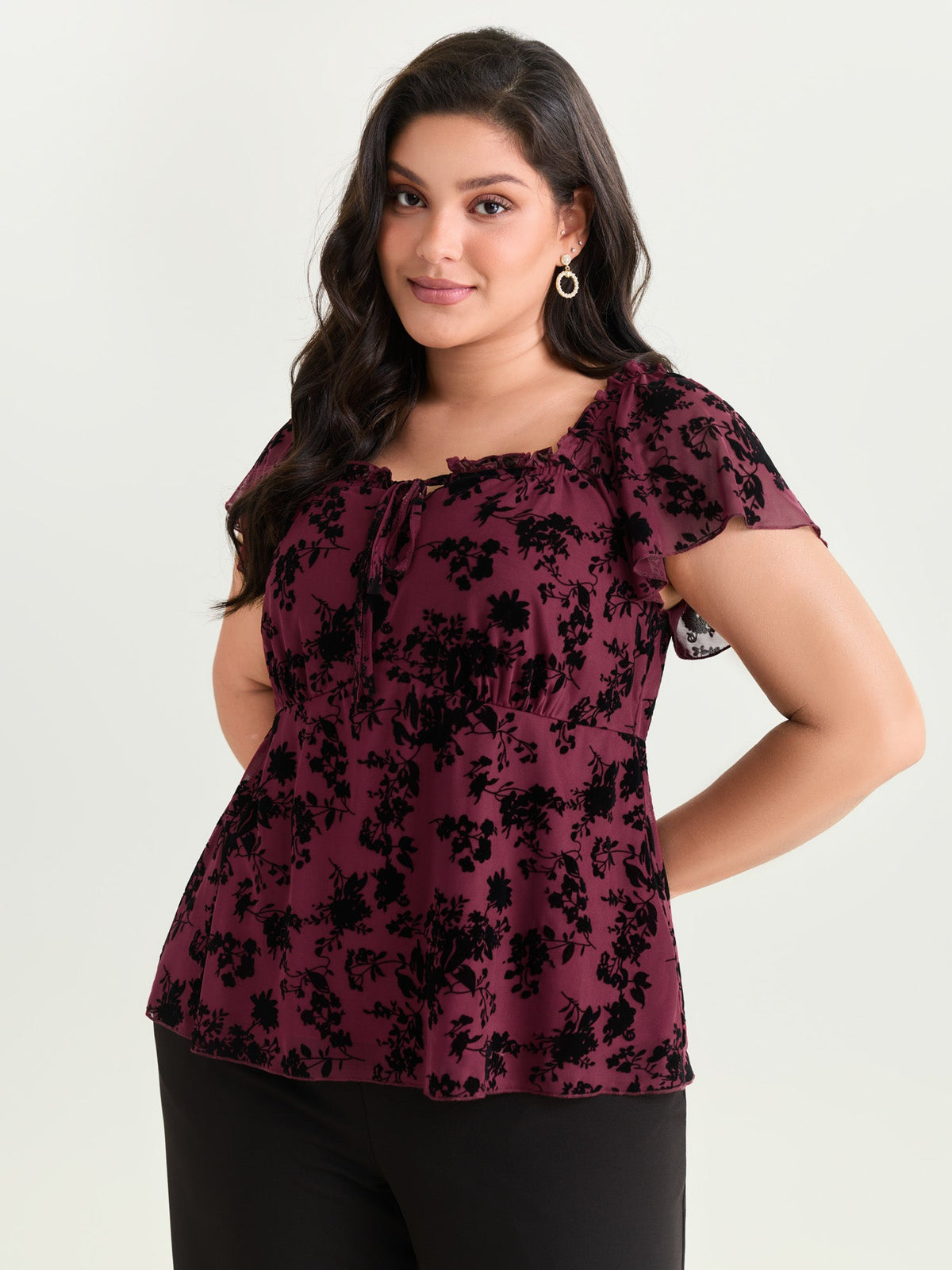 Flocked Floral Drawstring Neckline Knit Top