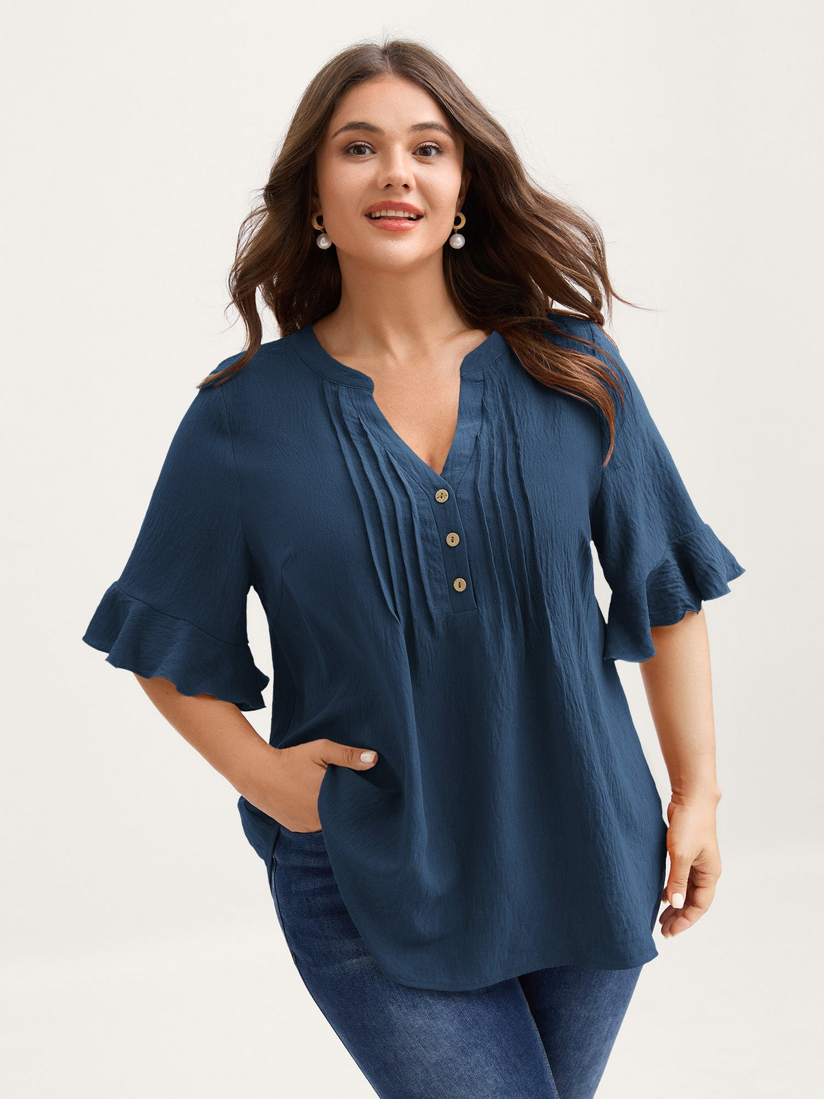 Toothpick Pleats Ruffled Sleeve Solid Blouse