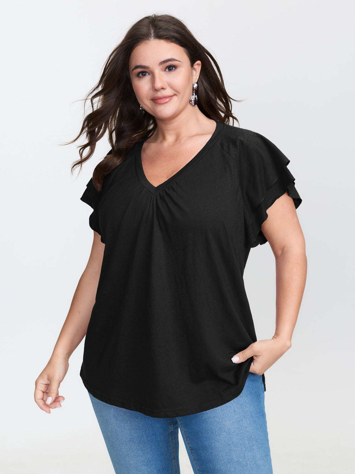 Stretchy Textured Flared Sleeve T-Shirt