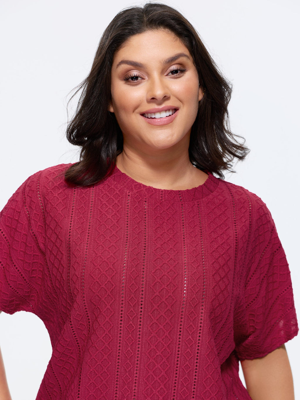 Eyelet Trim Stretchy Textured Plain Top