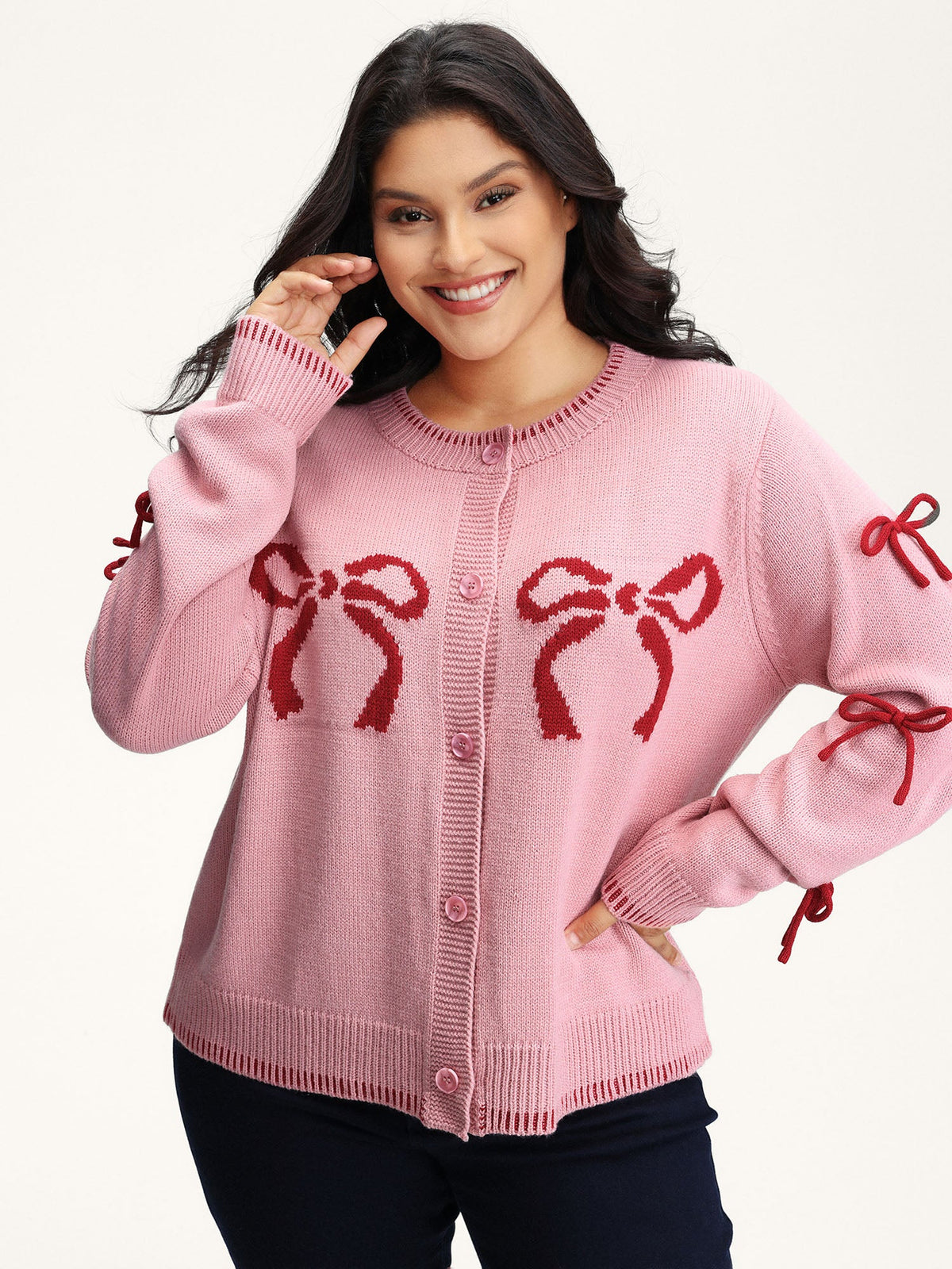 Bowknot Pattern Textured Knit Cardigan