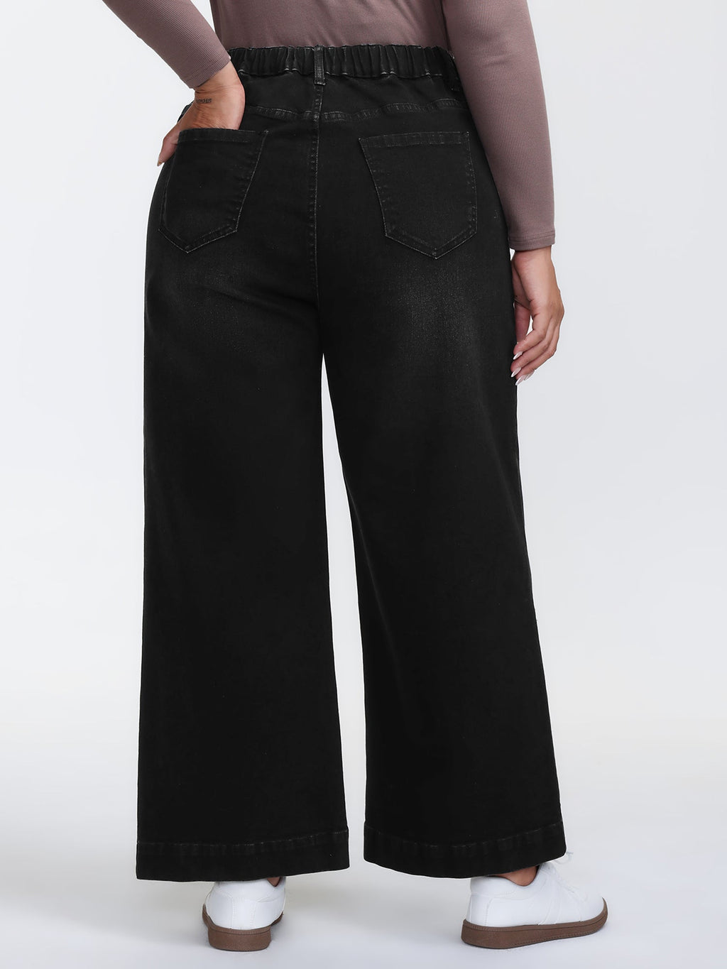 Back Elastic Waist High Rise Wide-Leg Jeans