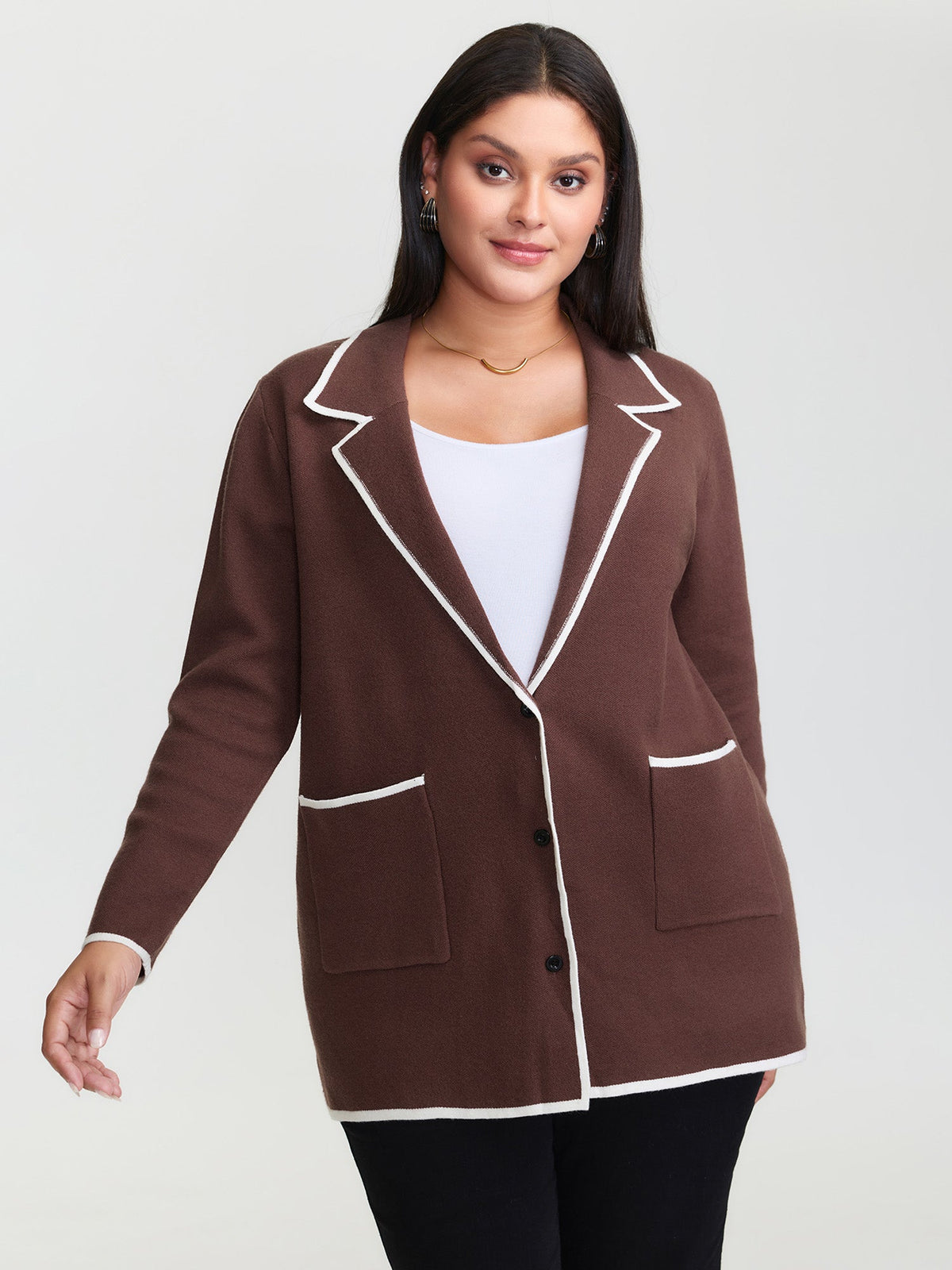 Suit Collar Color Contrast Pockets Knit Cardigan