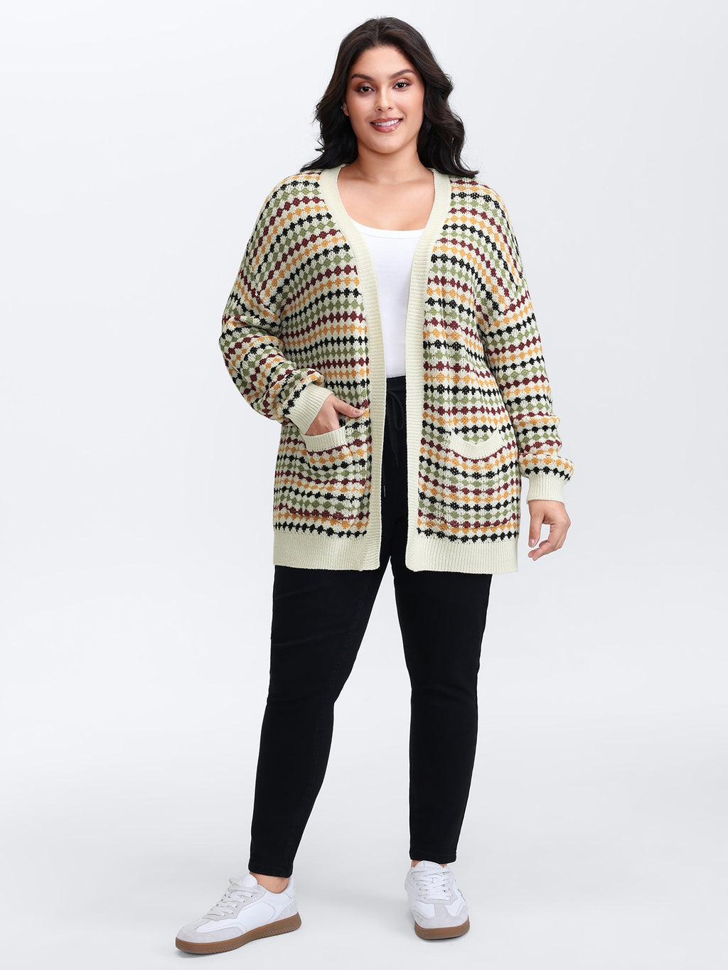 Colorful Dots Open-Front Pockets Knit Cardigan