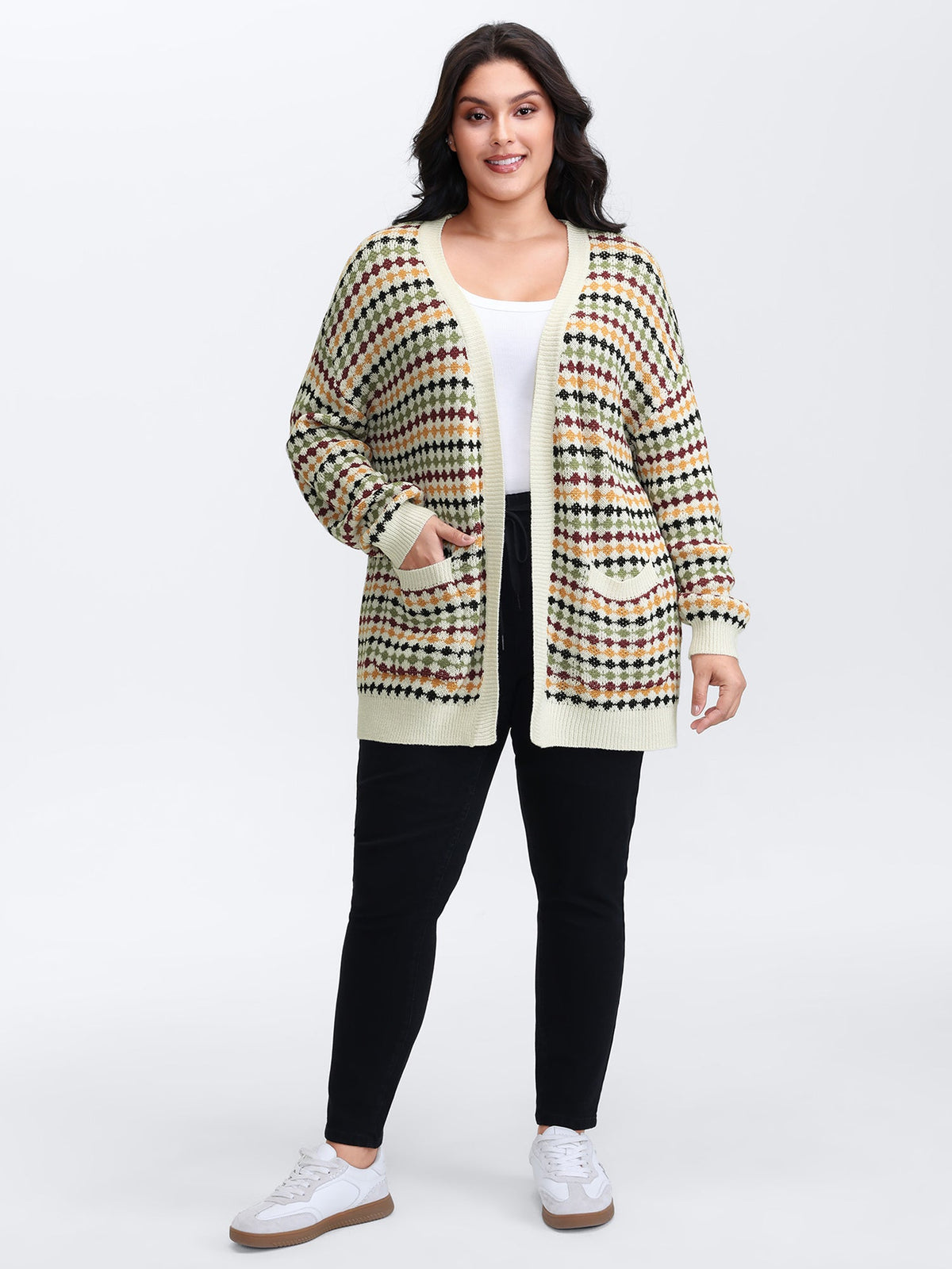 Colorful Dots Open-Front Pockets Knit Cardigan