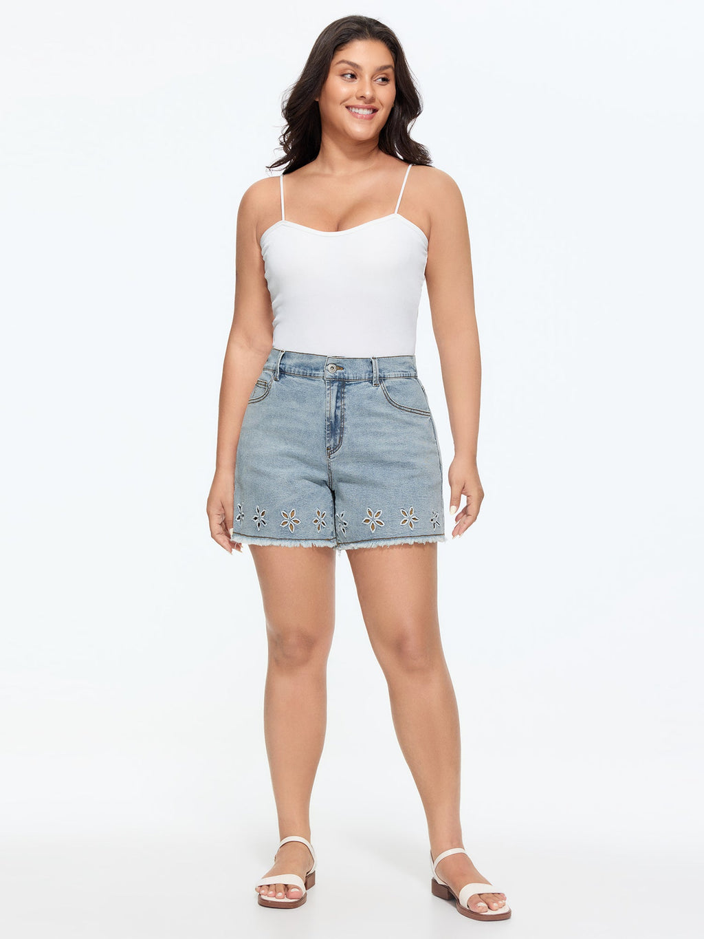 Stretchy Raw Hem Straight-Leg Denim Shorts