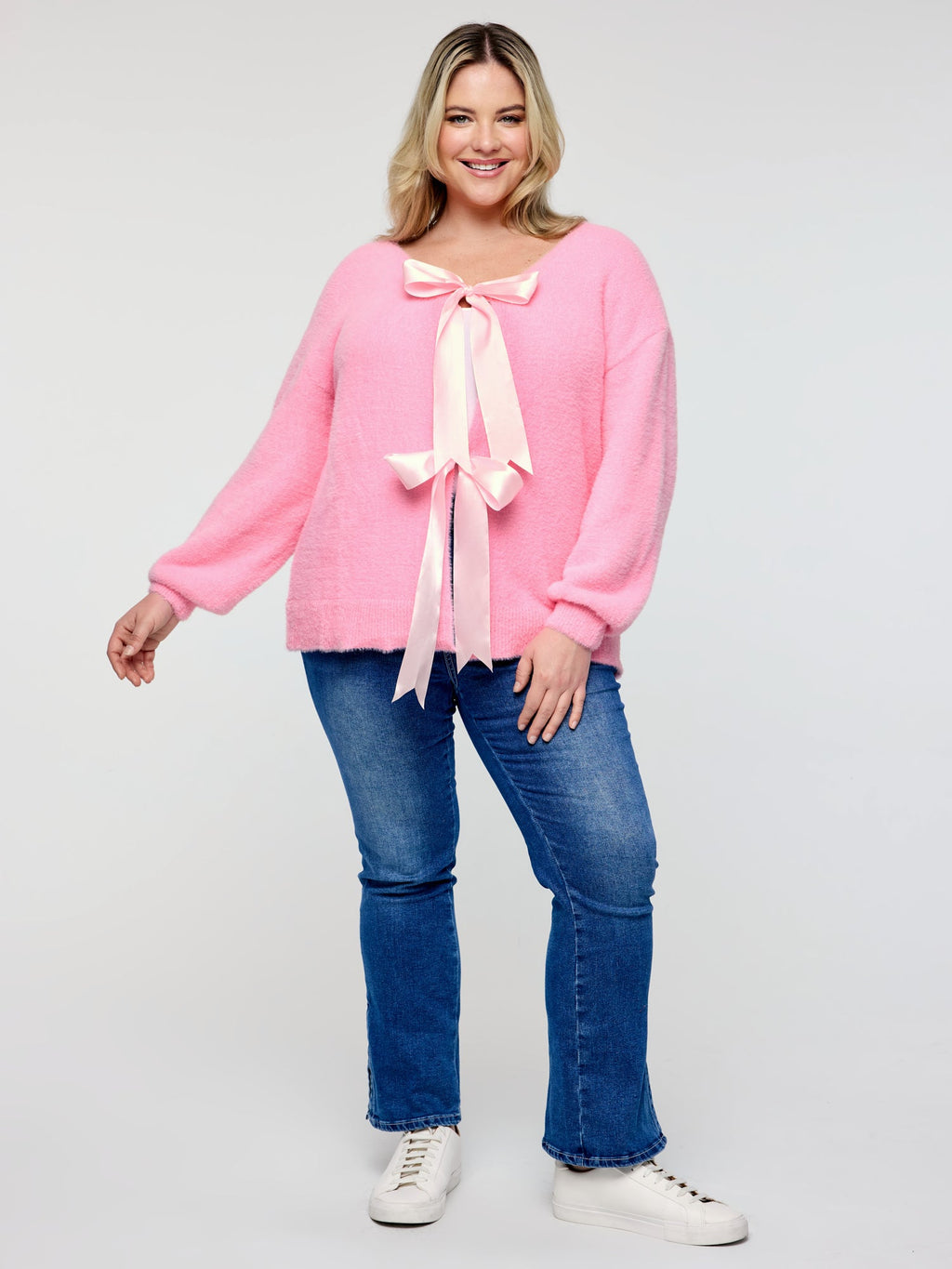 Fluffy Ribbon Bowtie Knit Cardigan