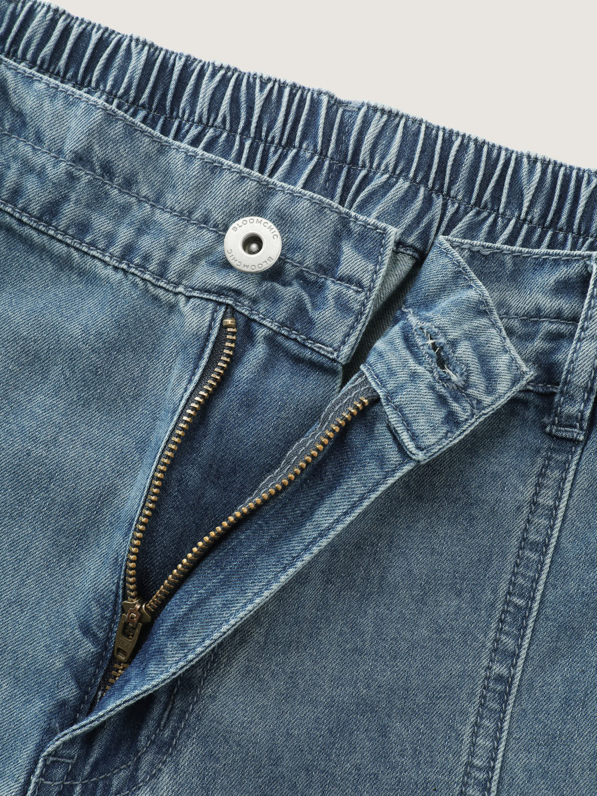 Elastic Waist Cuffed Medium Wash Jeans