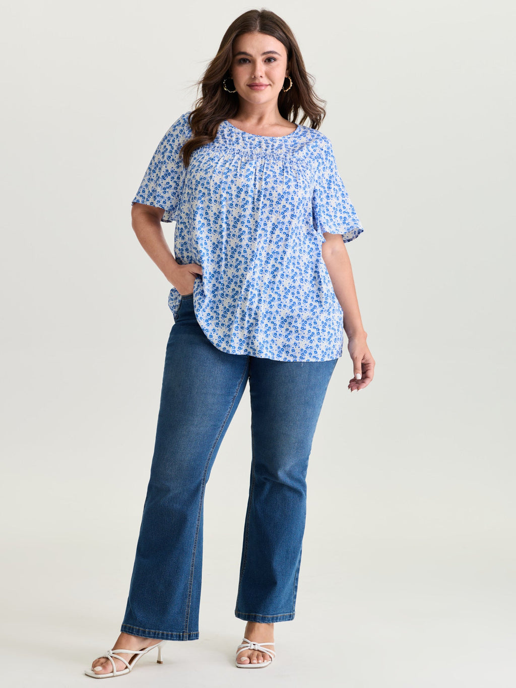 Floral Ruffle Sleeve Gathered Round Neck Blouse
