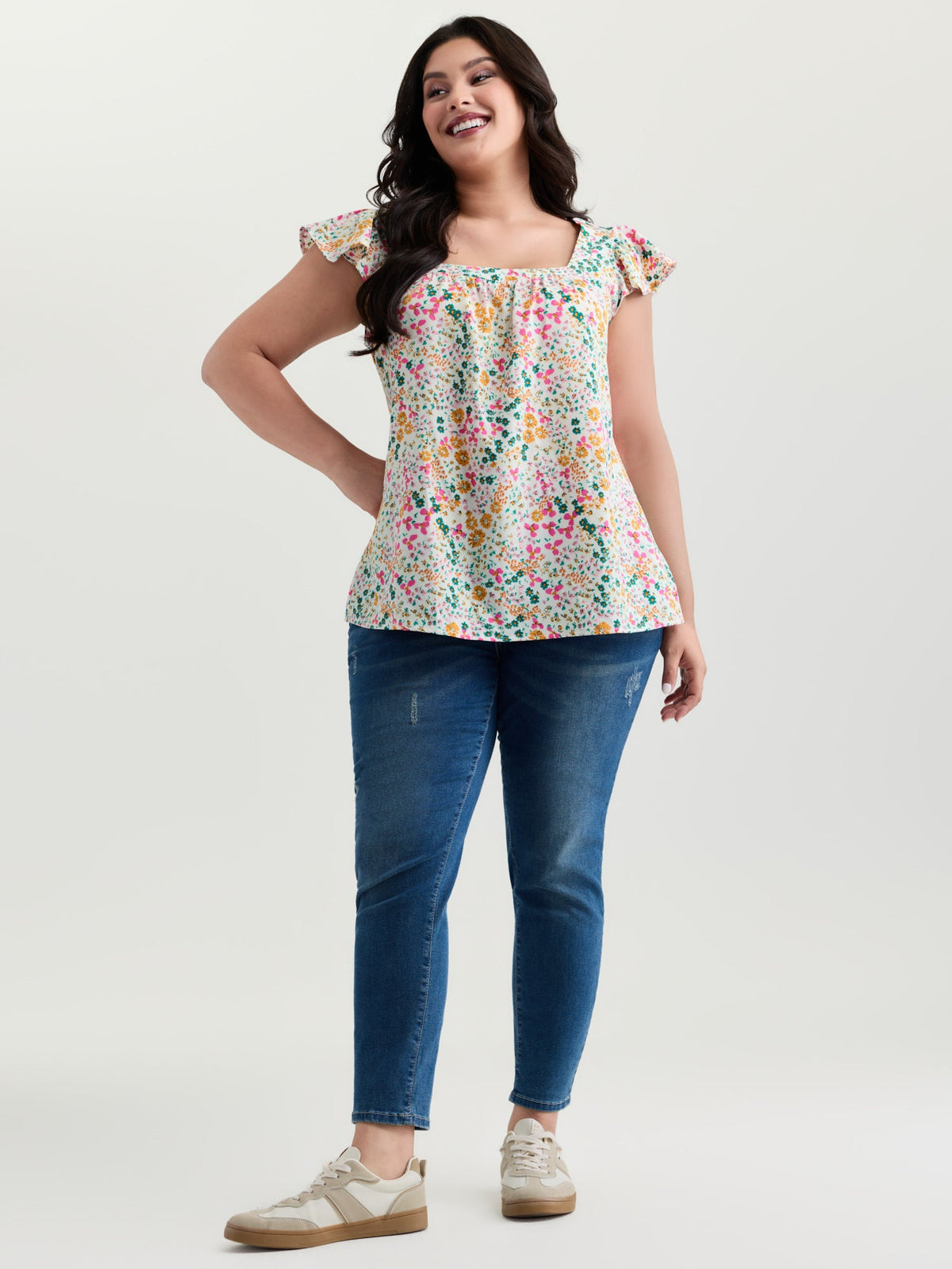 Bright Floral Print Flutter Sleeve Blouse