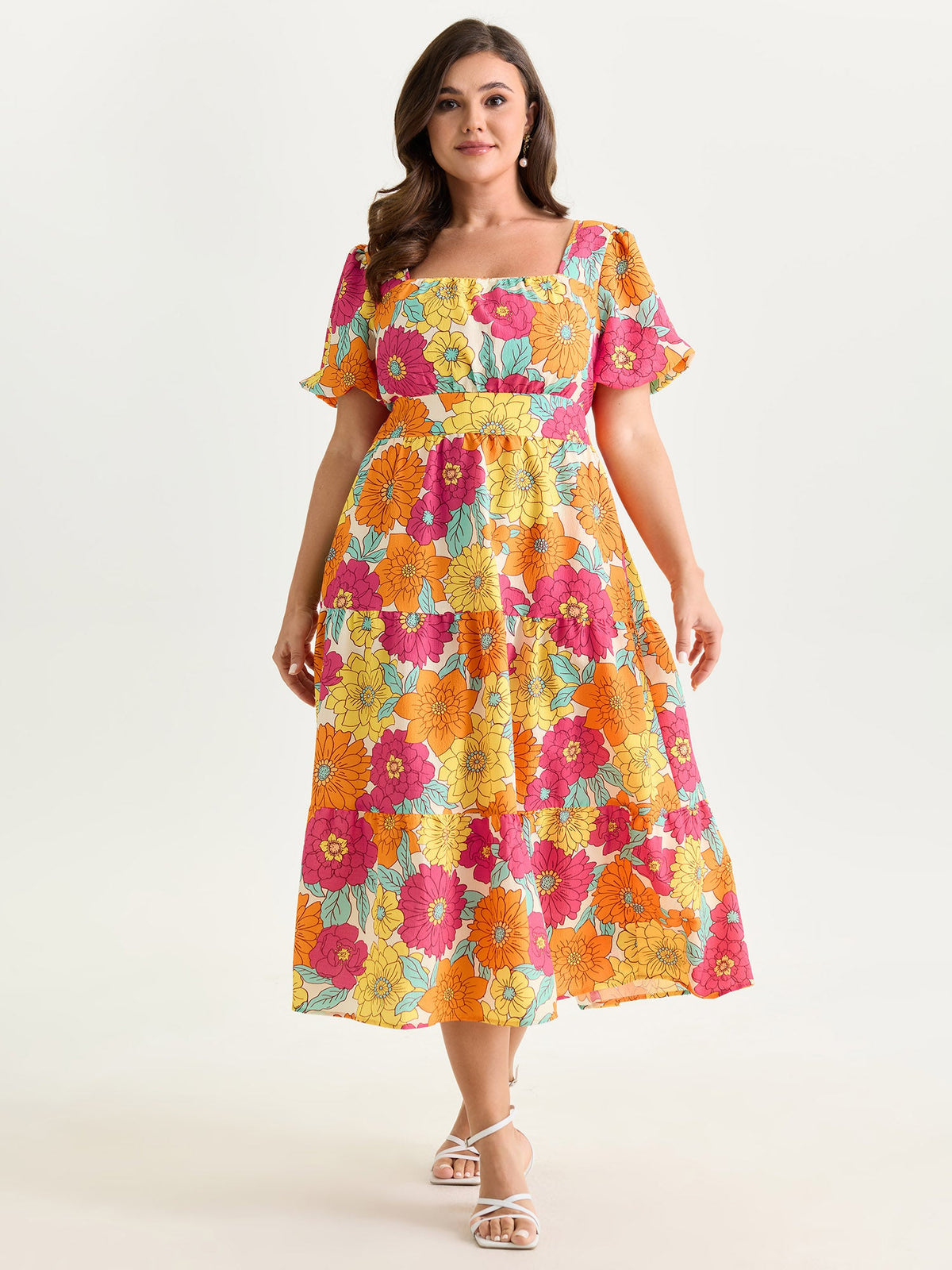 Bright Floral Print Shirred Midi Dress