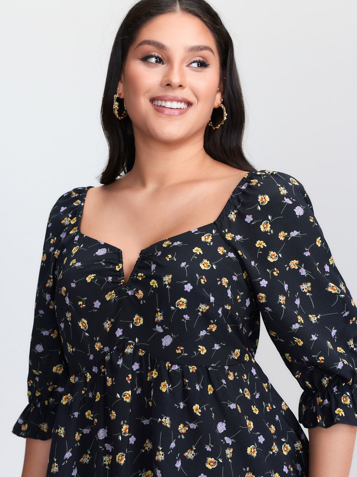 Floral Print Shirred Cuff Sleeve Blouse