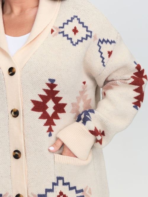 Boho Jacquard Print Pocket Knit Cardigan