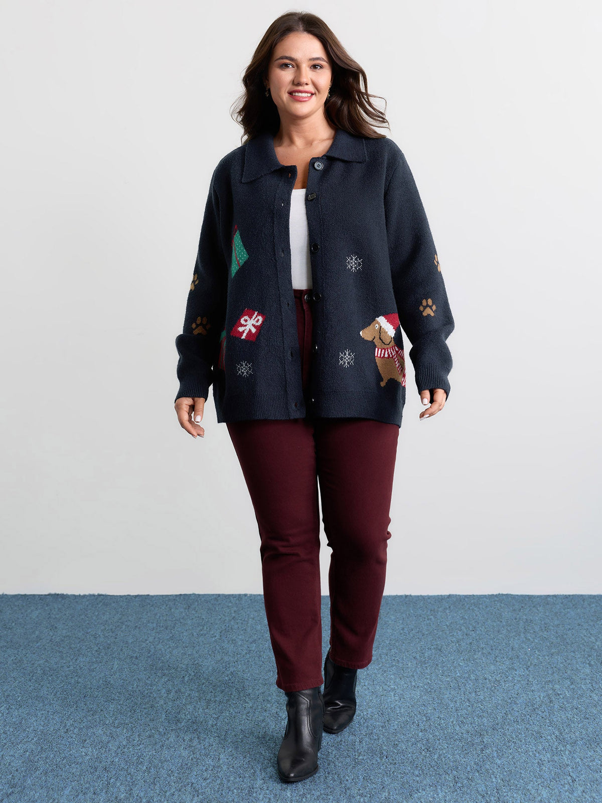 Holiday Pattern Collar Button Knit Cardigan