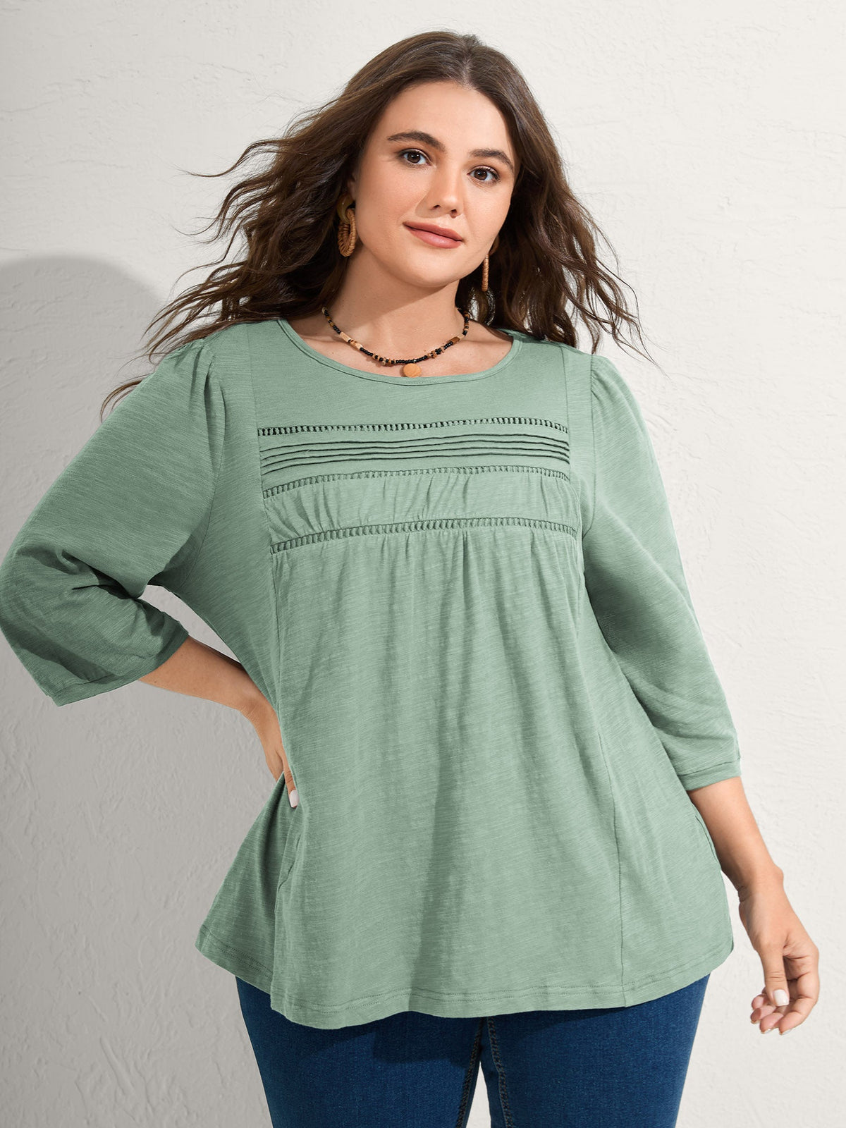 Cotton Lace Spliced Plain Knit Top