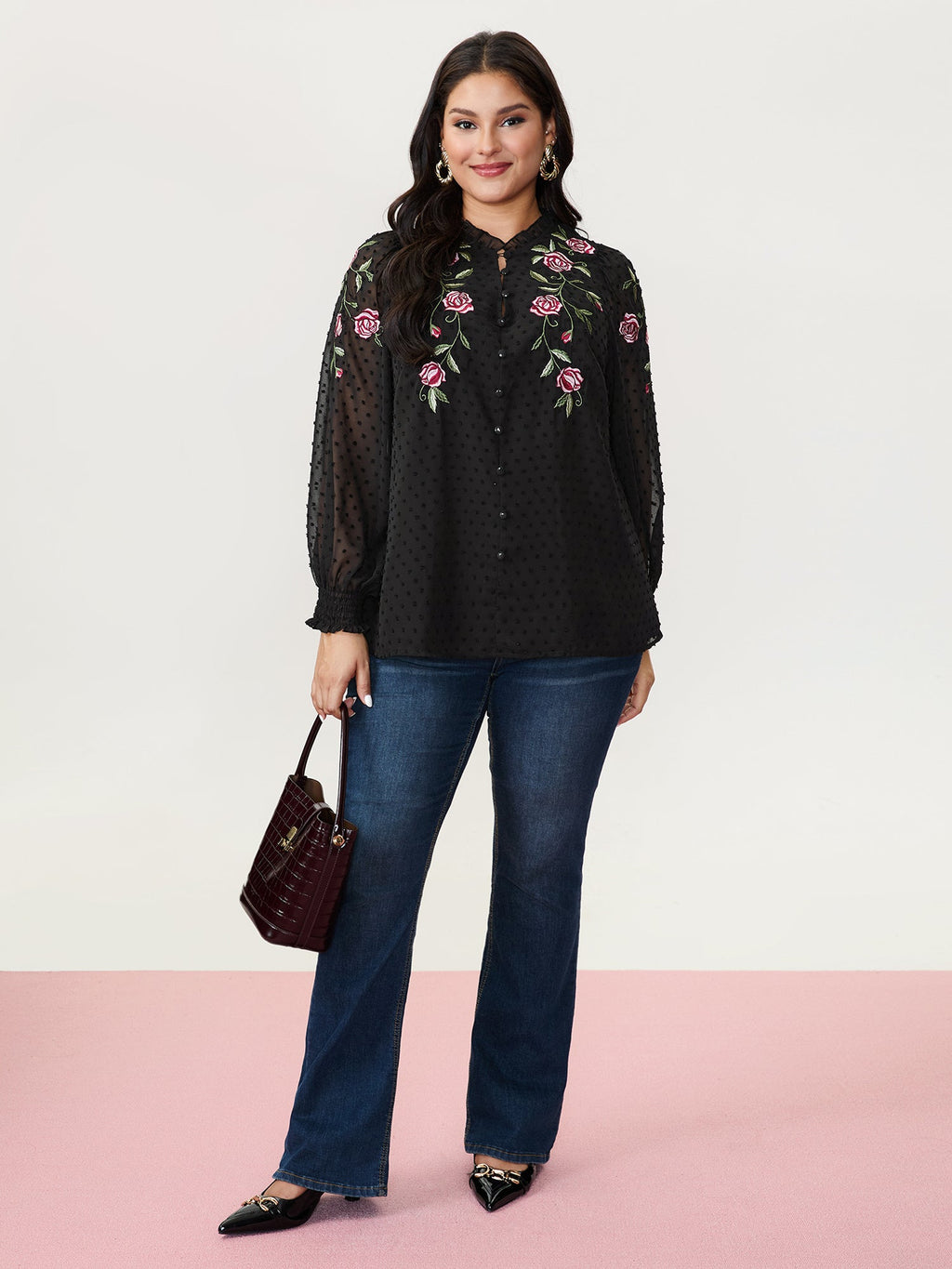 Rose Embroidered Textured Sheer Blouse