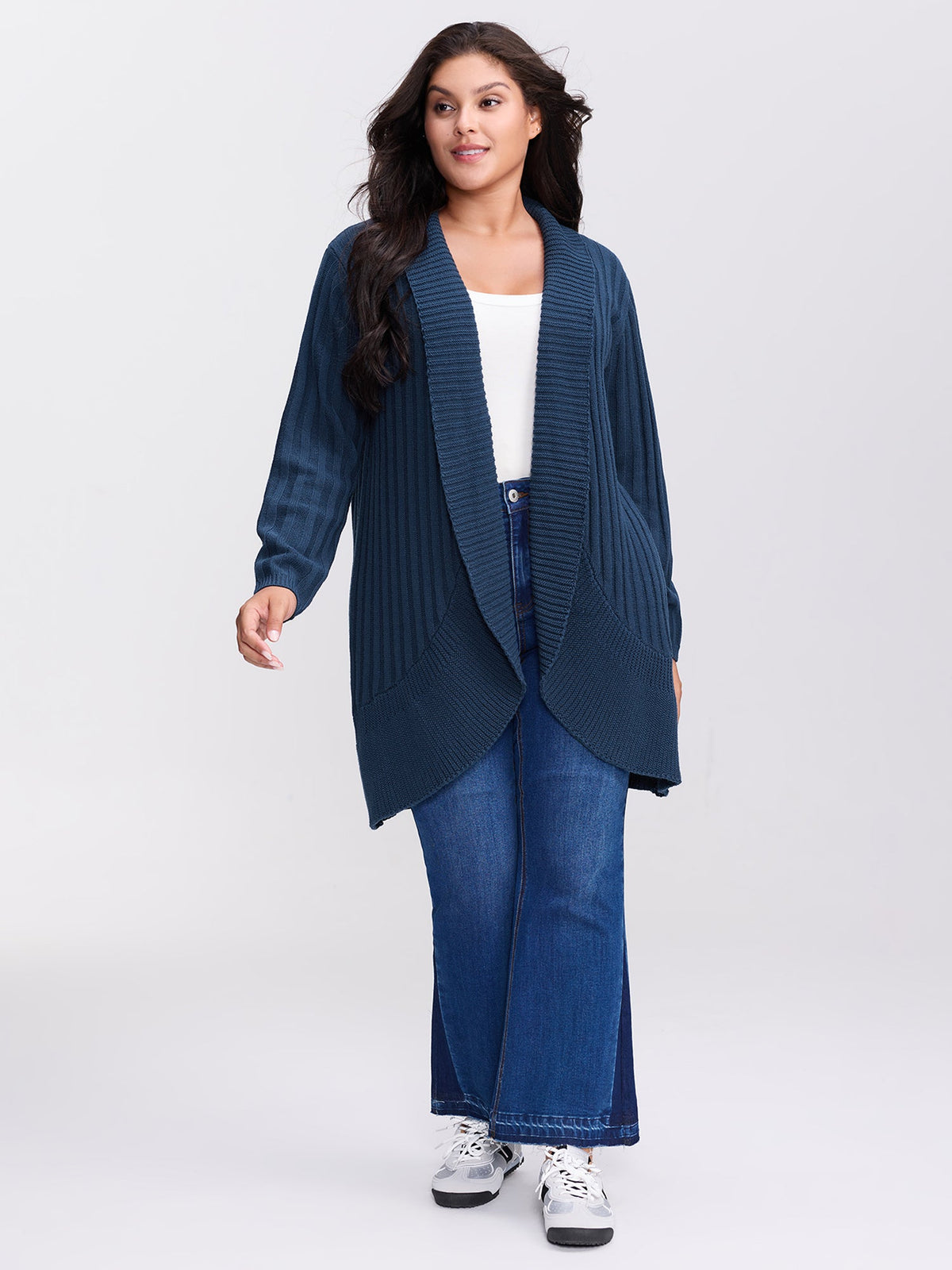 Folded Collar Ribbed Curvy Knit Cardigan