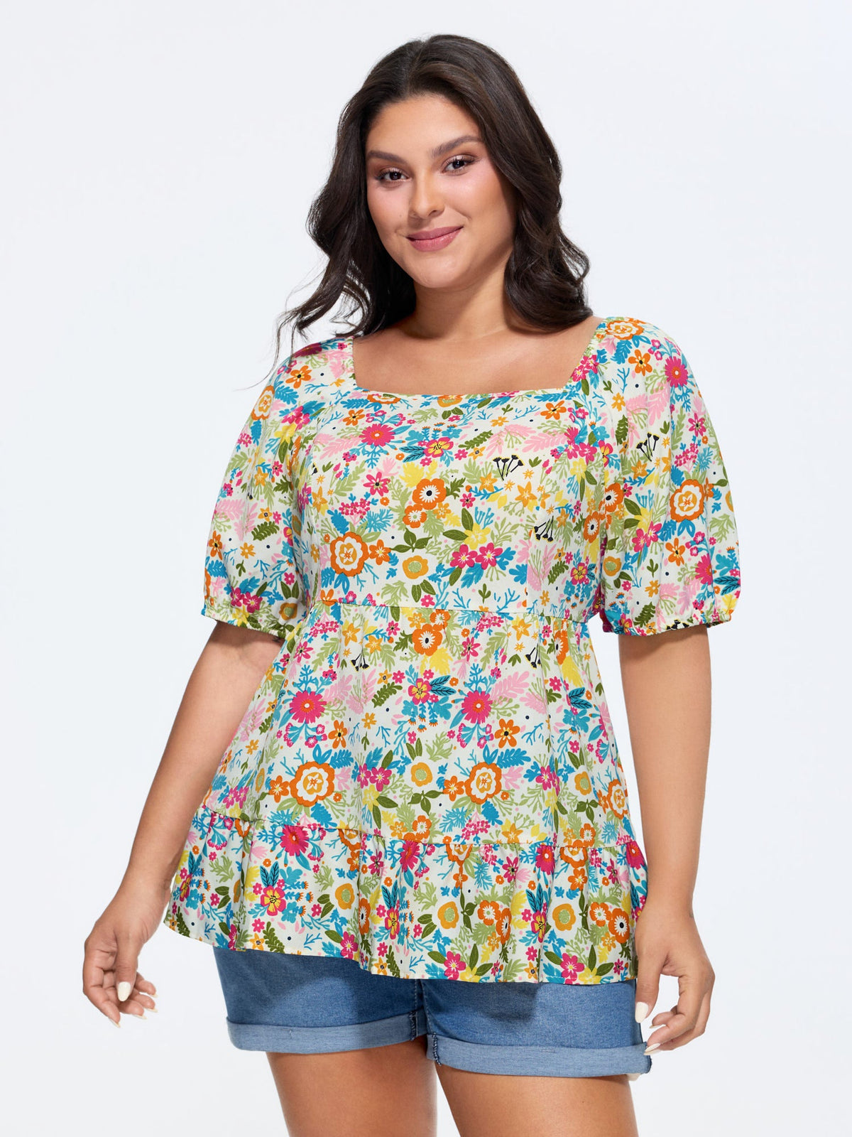 Floral Square Neck Fit and Flare Blouse
