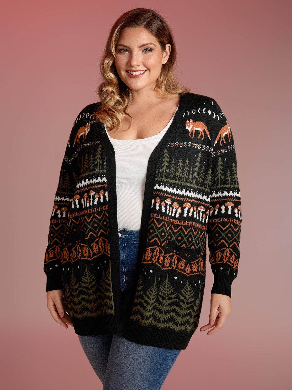 Fox in Forest Contrast Knit Cardigan
