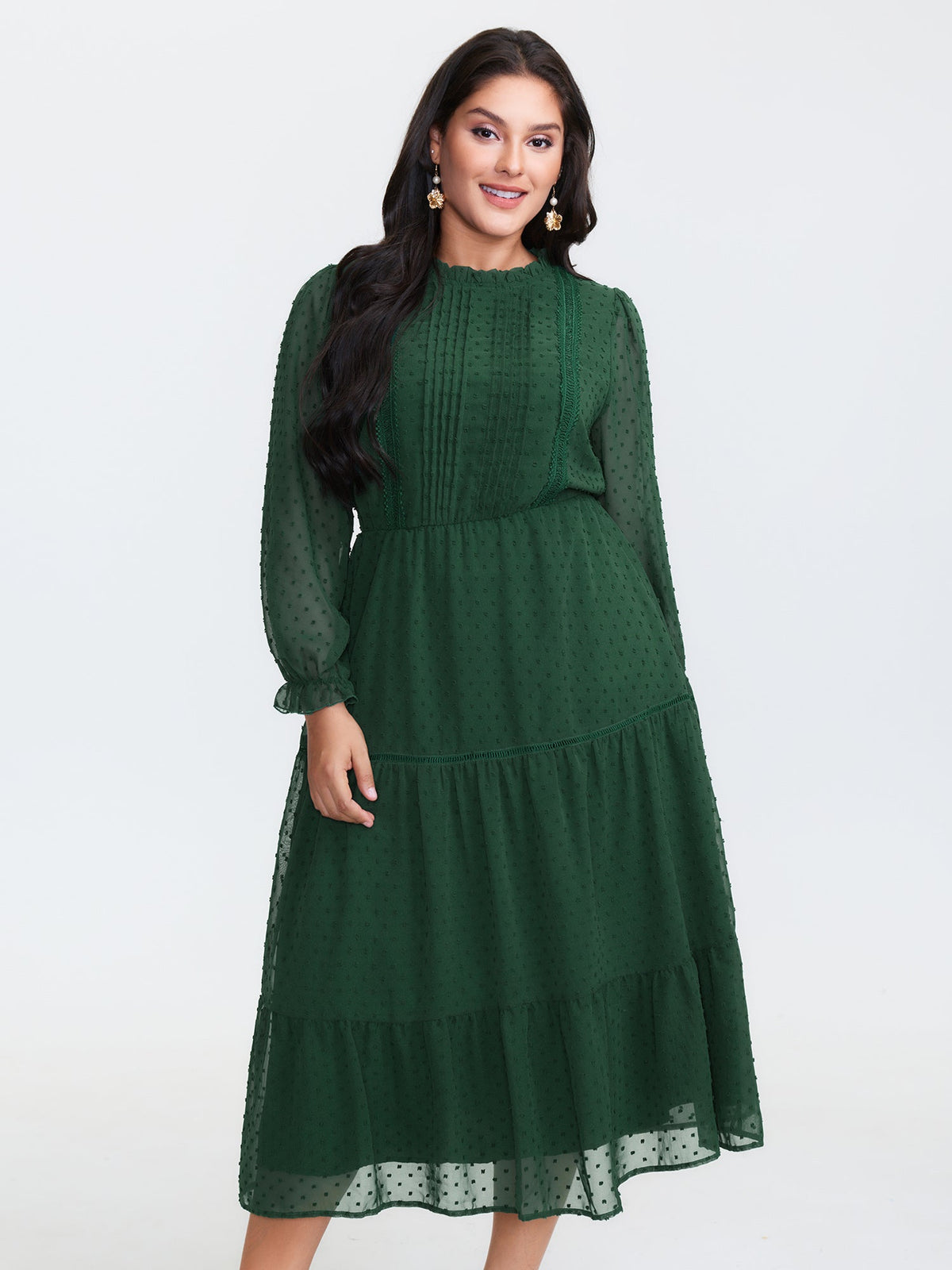 Textured Tiered Ruffled Neckline Midi Dress