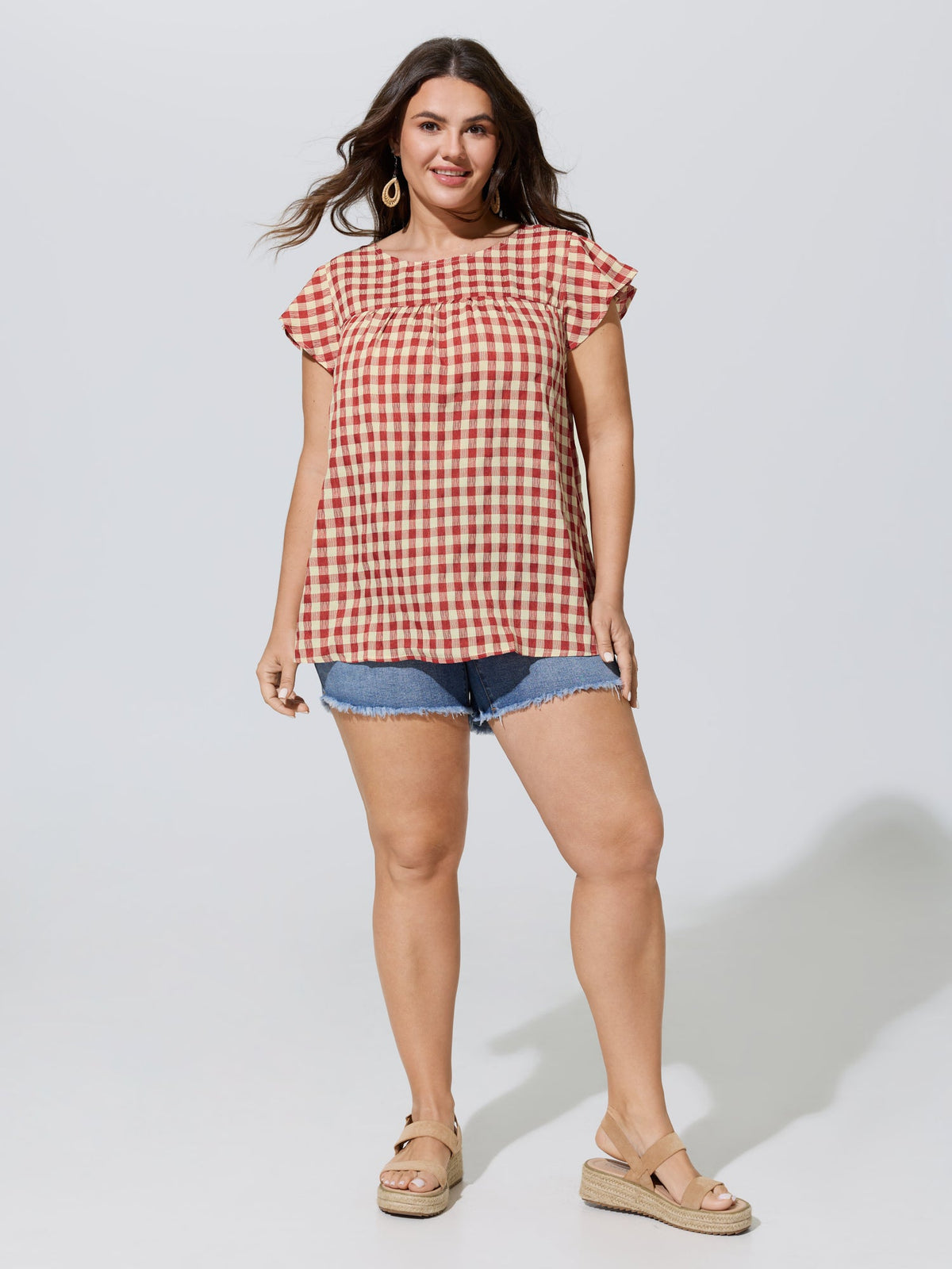 Gingham Print Ruffled Sleeve Pleated Blouse