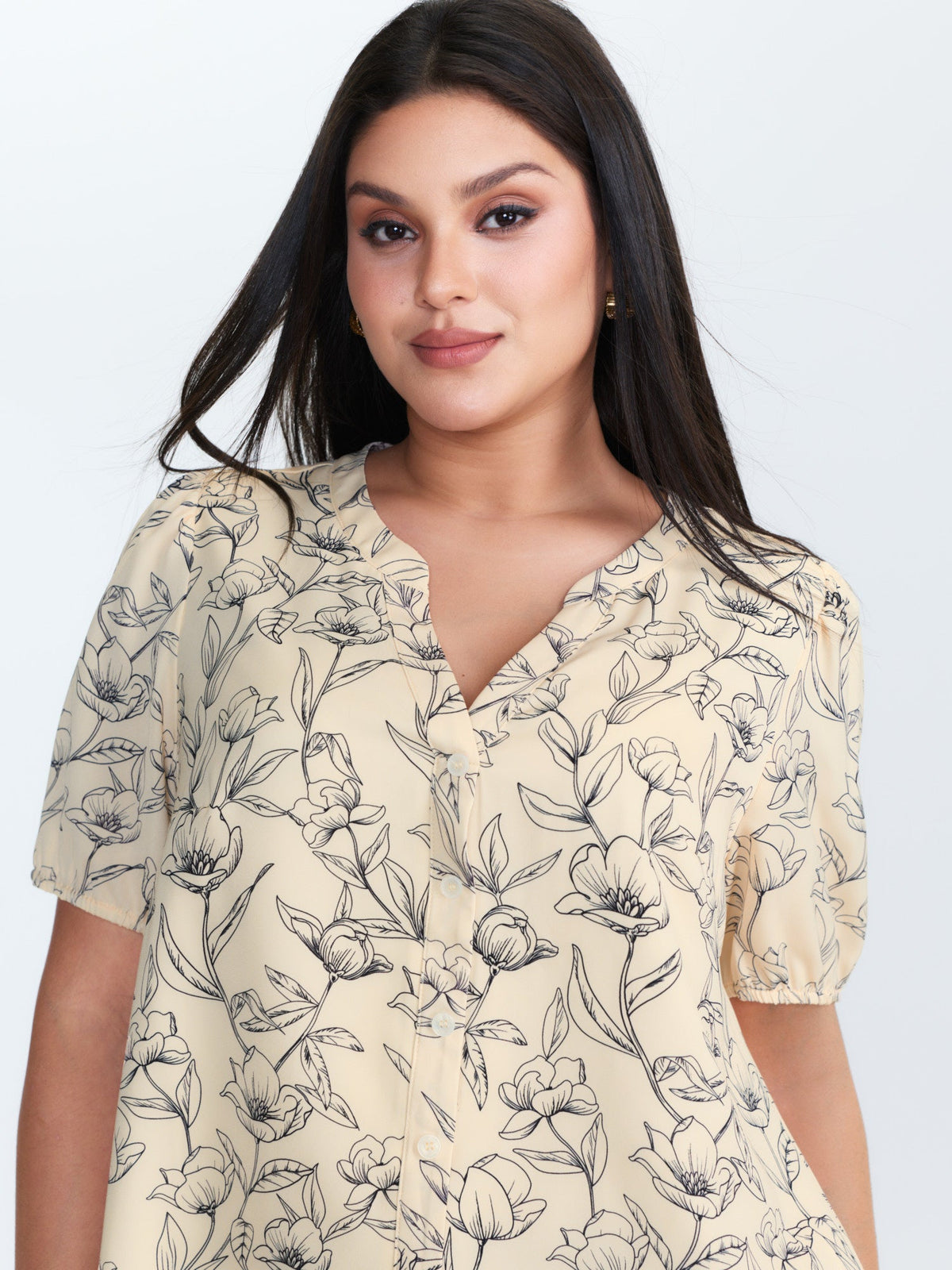 Monochrome Floral Print Button-Down Blouse
