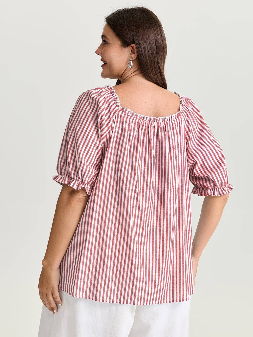 Cotton Striped Shirred Bust-Friendly Neckline Blouse