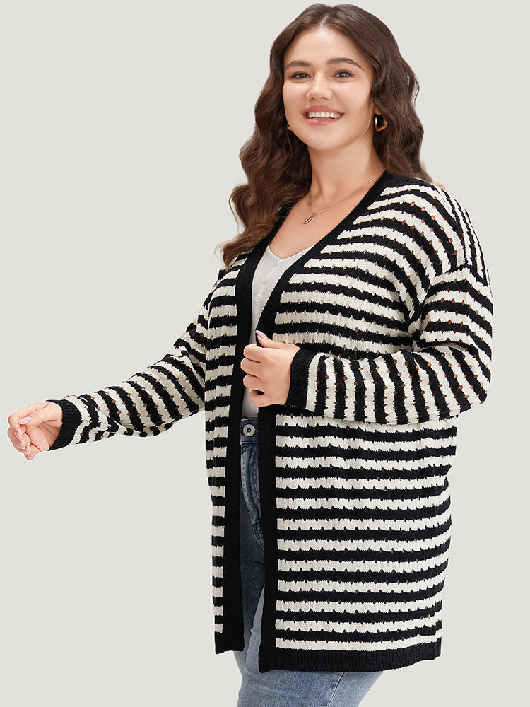 Striped Geo Eyelet Drop Shoulder Cardigan