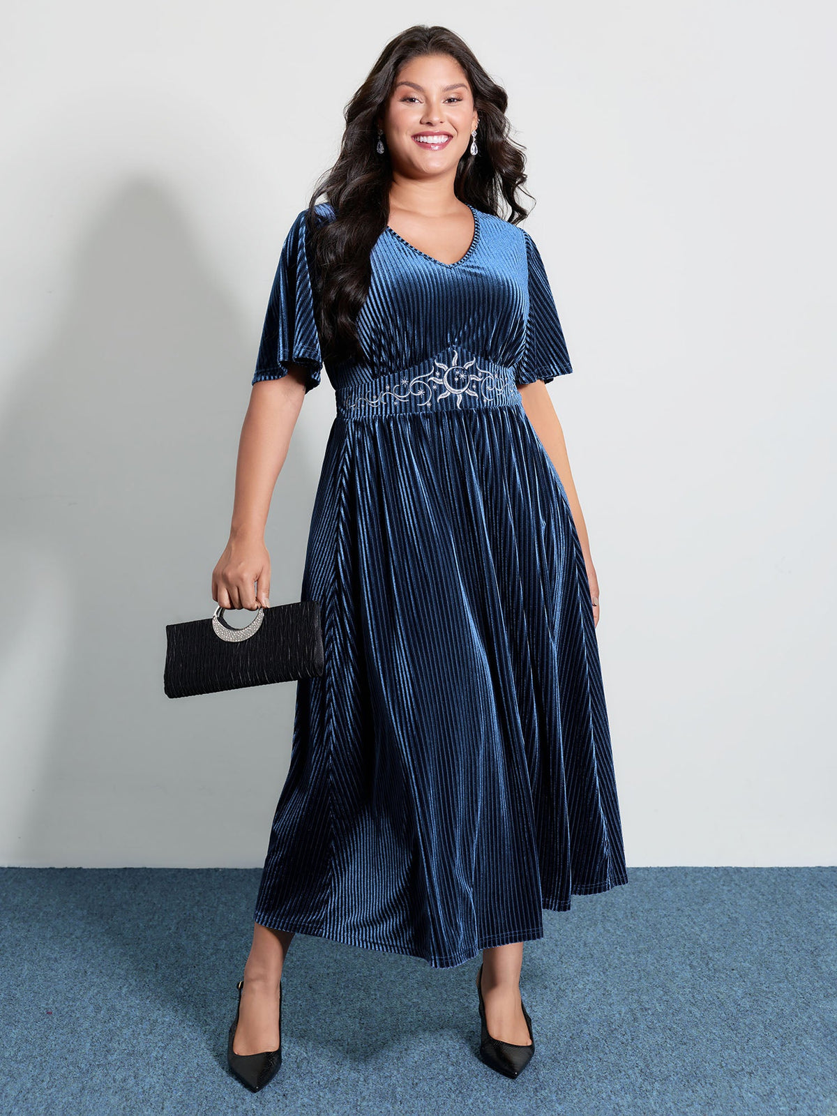 Velvet Celestial Embroidery Shirred Maxi Dress