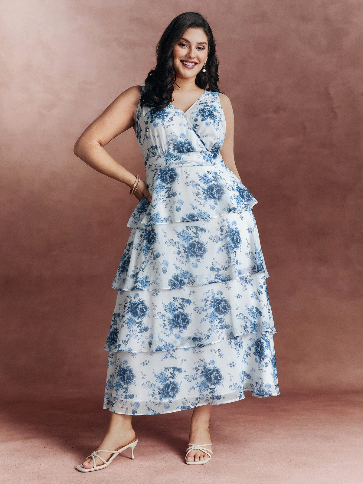 Floral Elegance Tiered V-Neck Maxi Dress