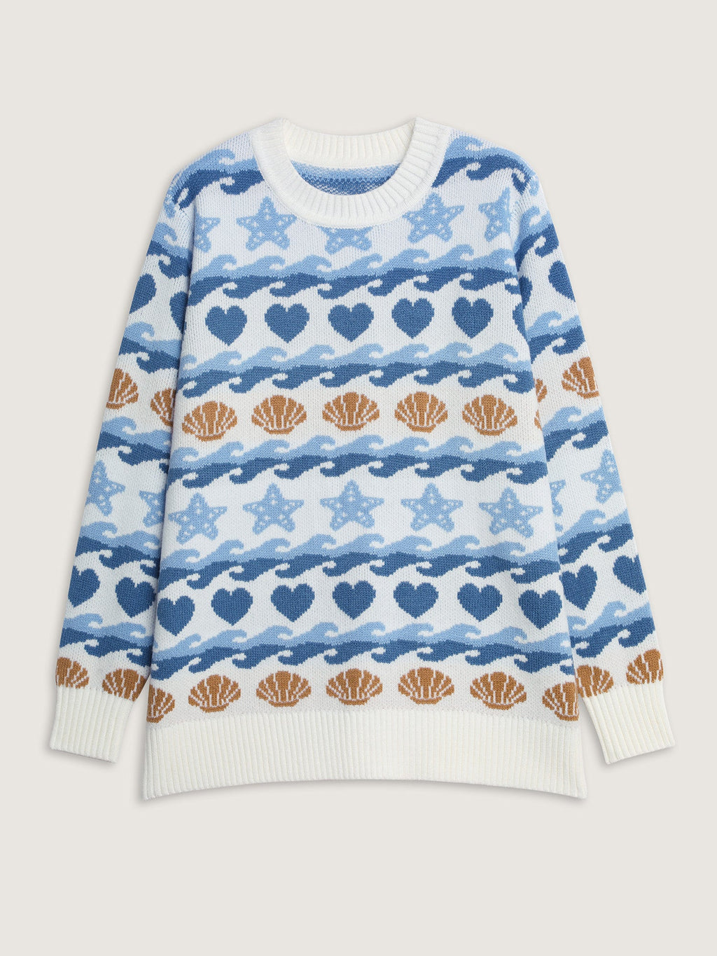 Ocean Pattern Jacquard Ribbed Hem Pullover